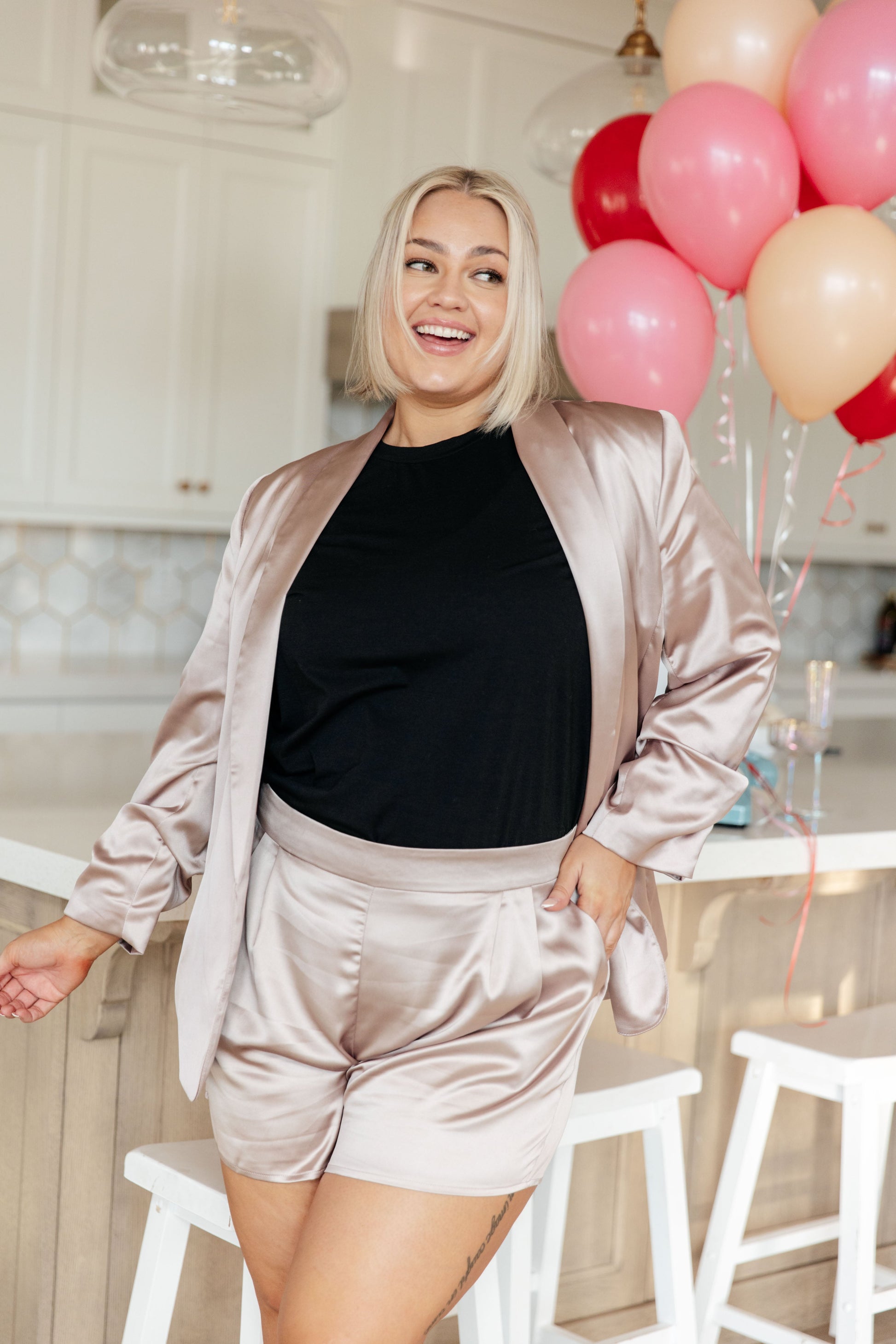 Pop The Bubbly Champagne Satin Blazer
