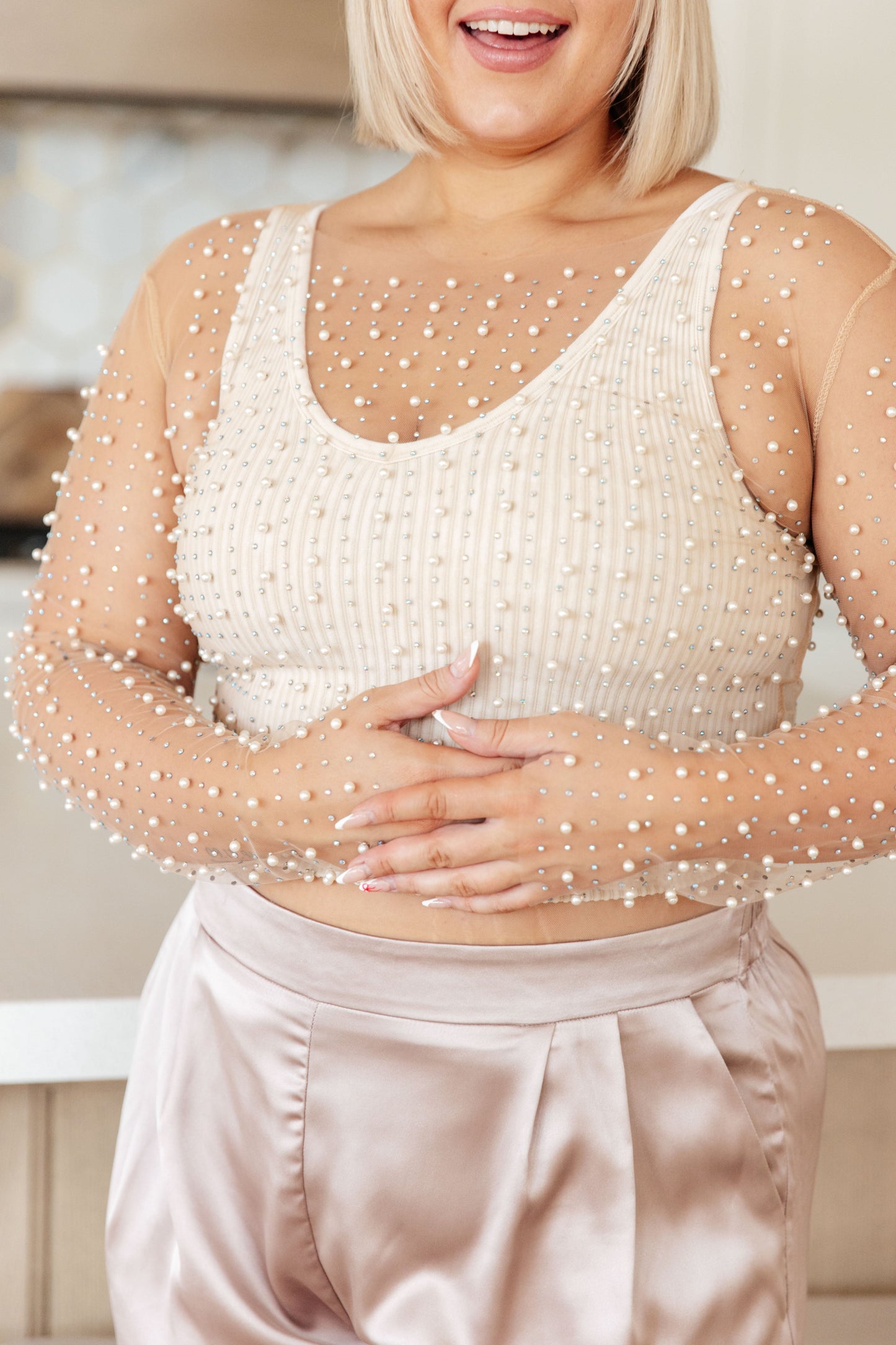 Pearl Perfection Sheer Top in Nude