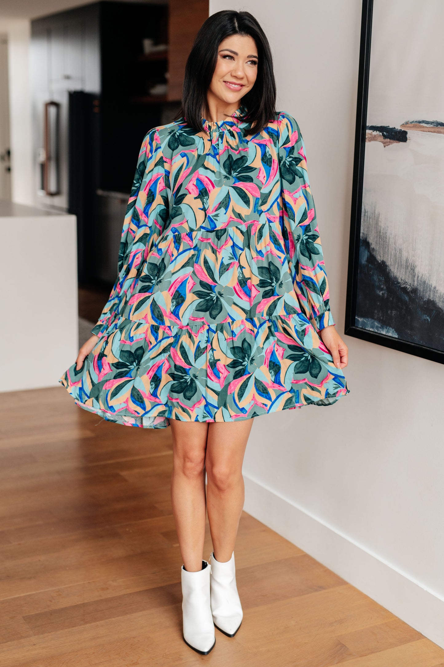 Abstract Blooms Floral Tiered Dress S Abstract Multi