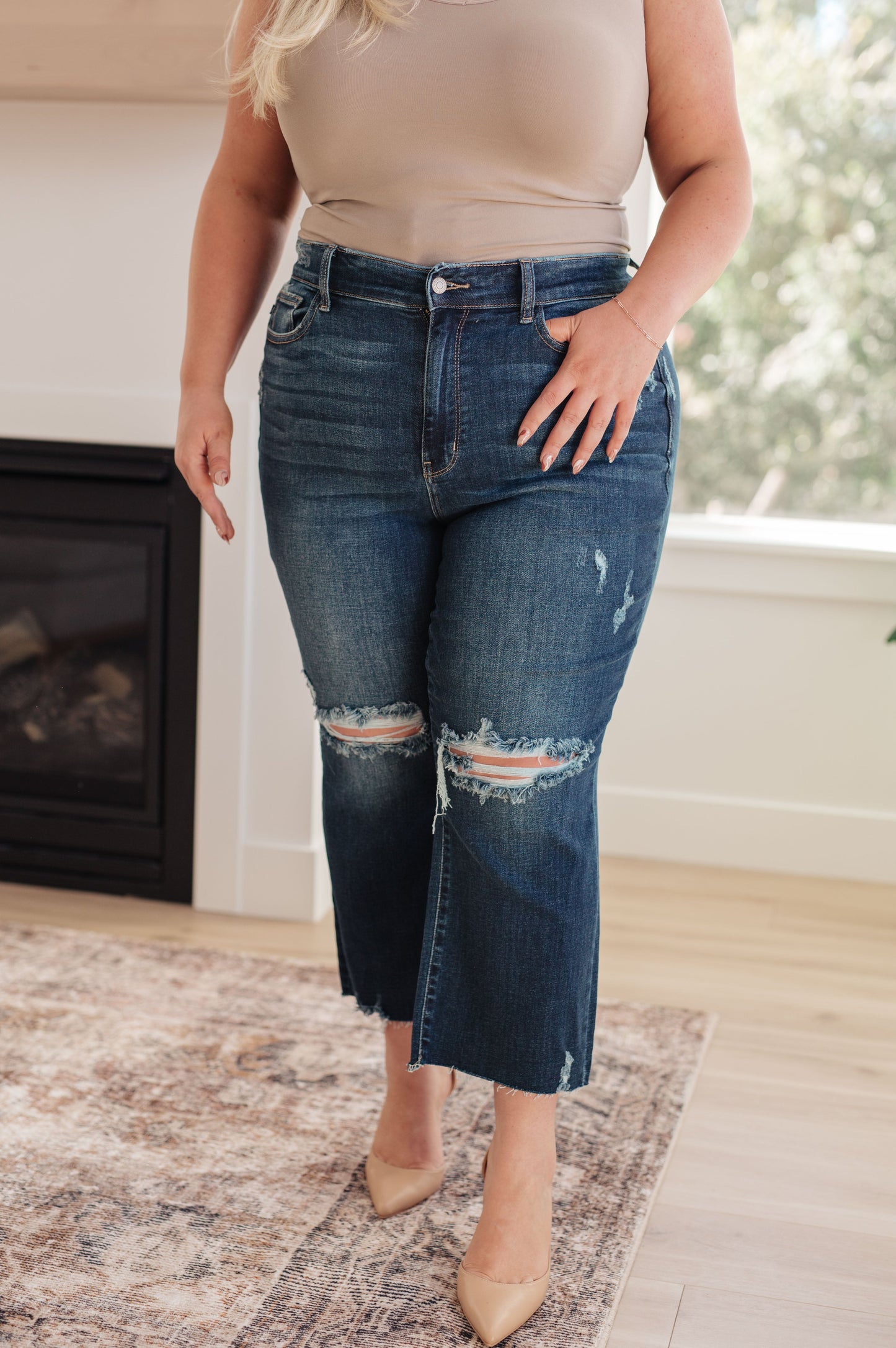 Judy Blue Ripped Rebellion High Rise Distressed Wide Leg Crop Jeans Dark Wash 14W