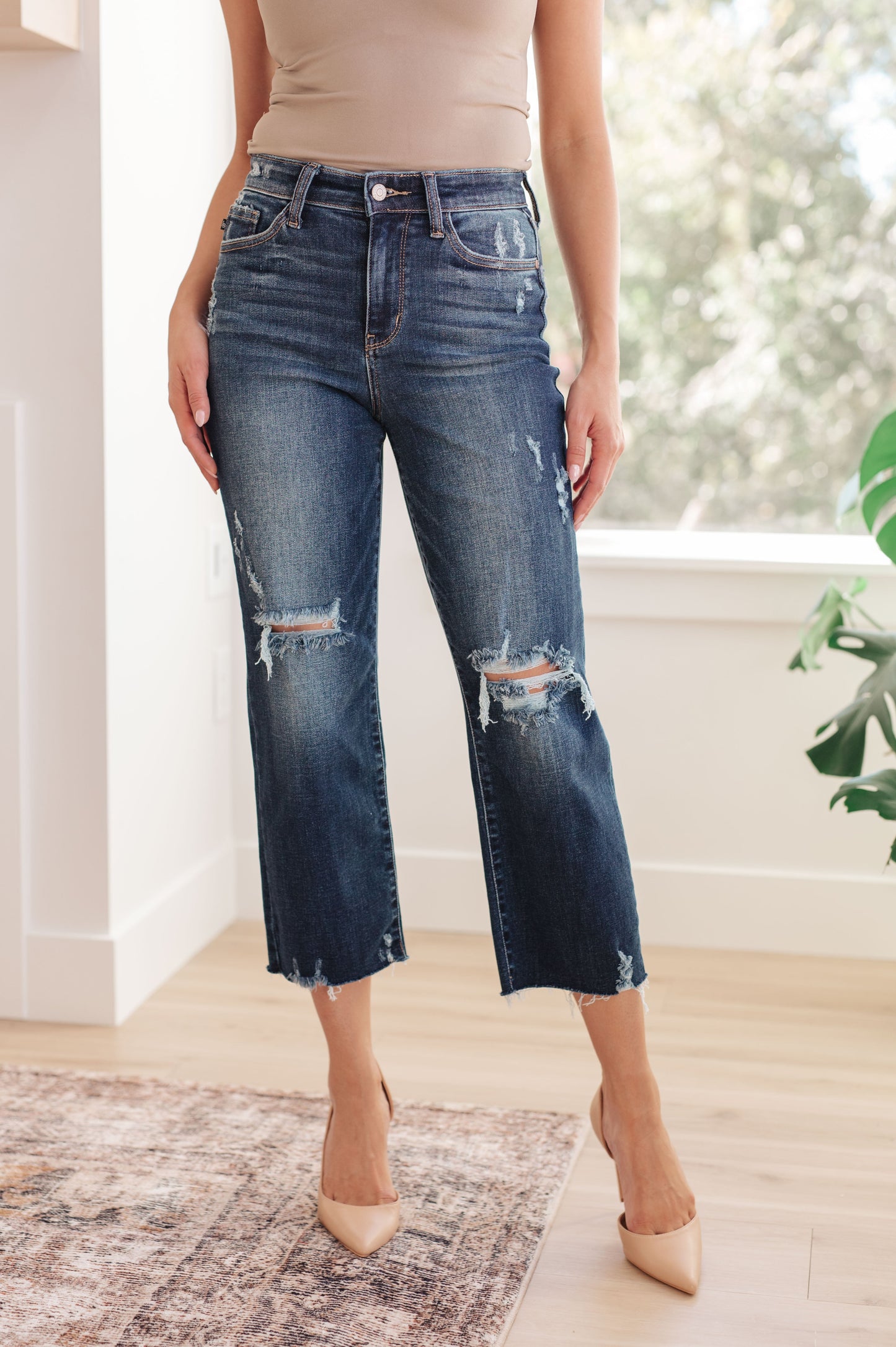 Judy Blue Ripped Rebellion High Rise Distressed Wide Leg Crop Jeans Dark Wash 0/24