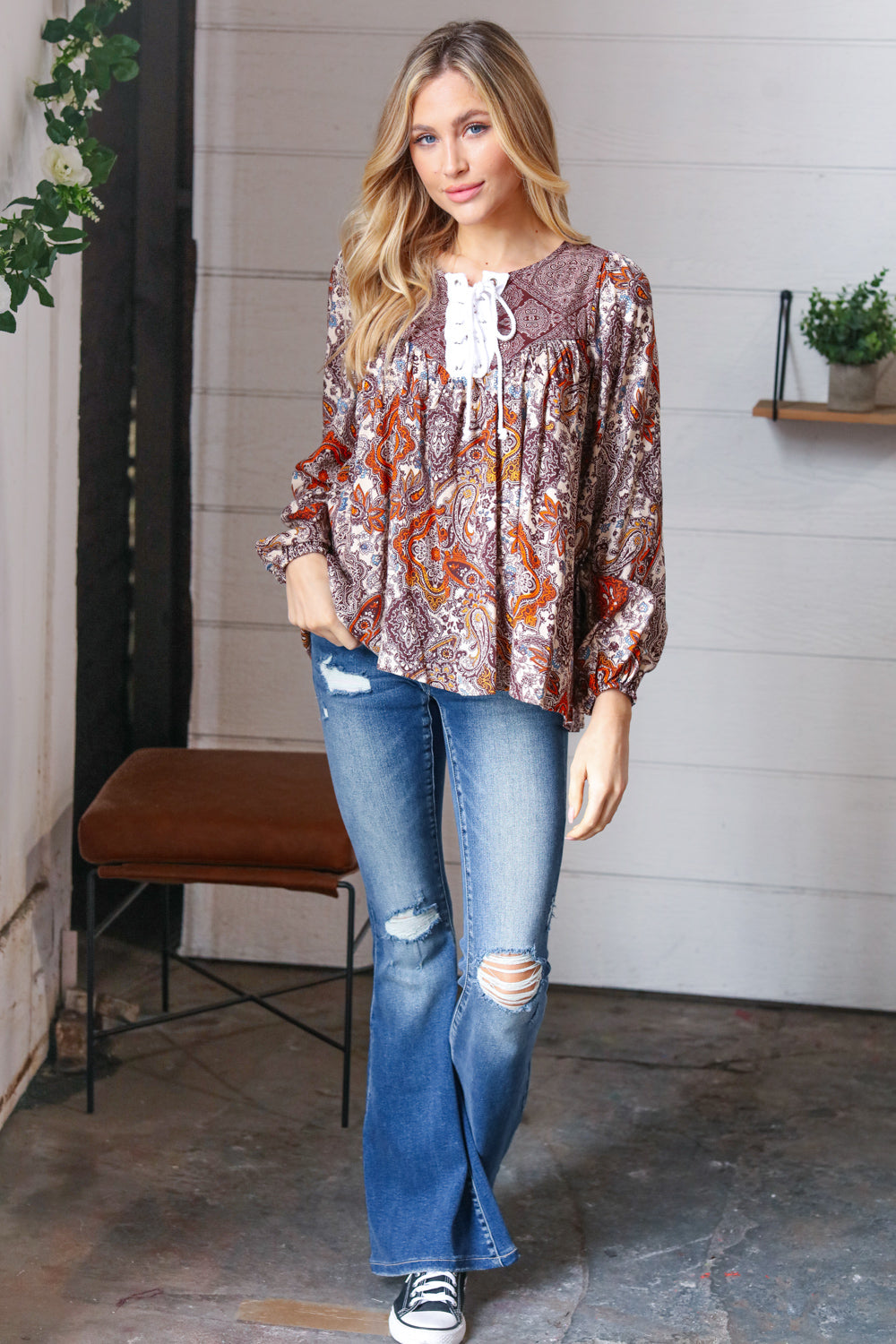 Boho Lace-Up Babydoll Blouse