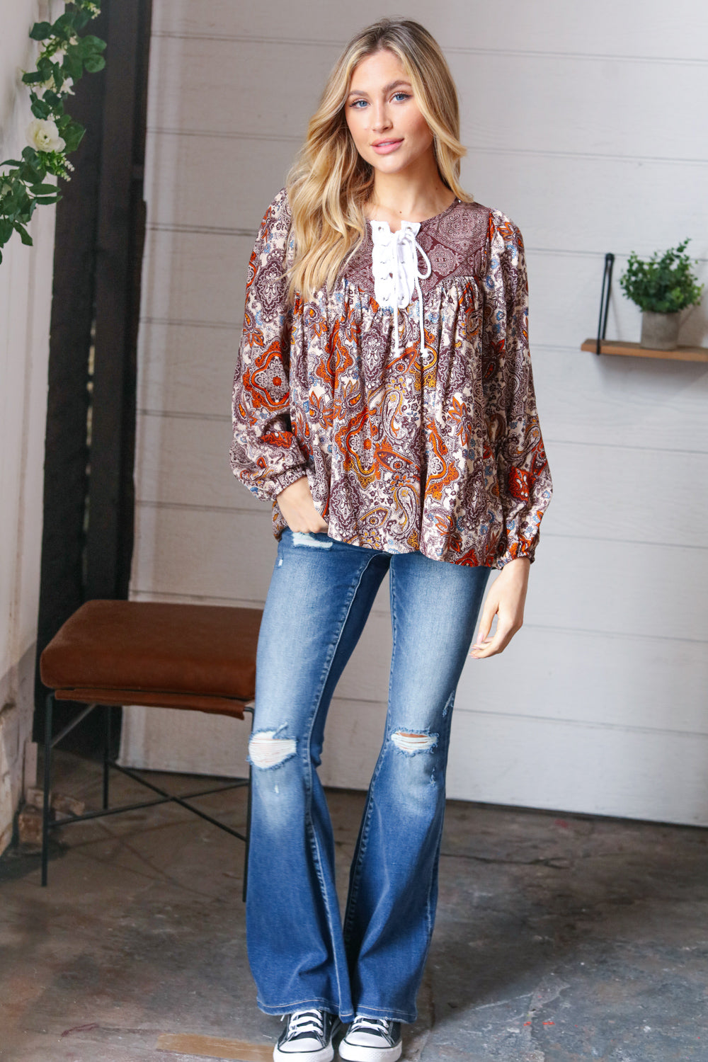 Boho Lace-Up Babydoll Blouse