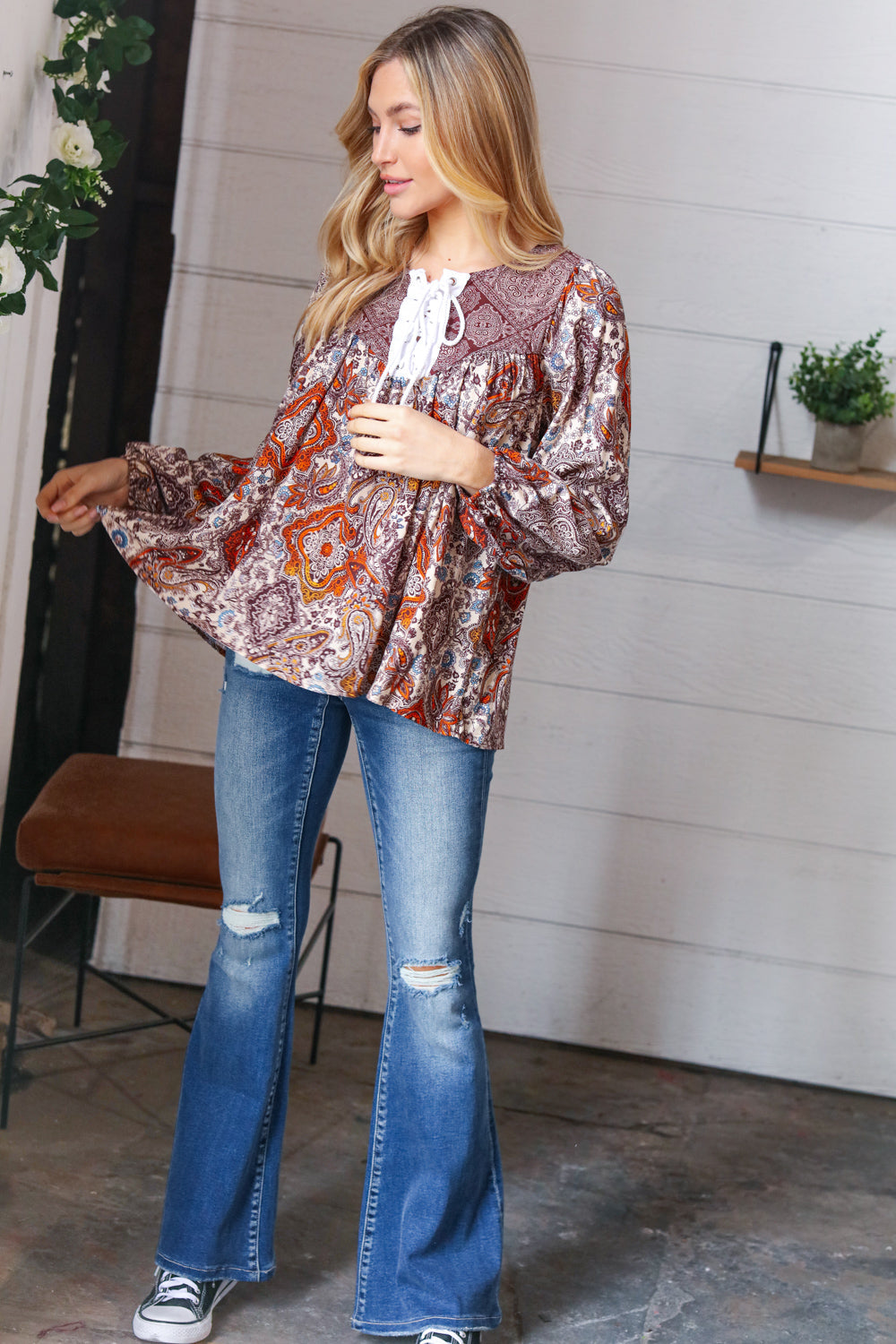 Boho Lace-Up Babydoll Blouse