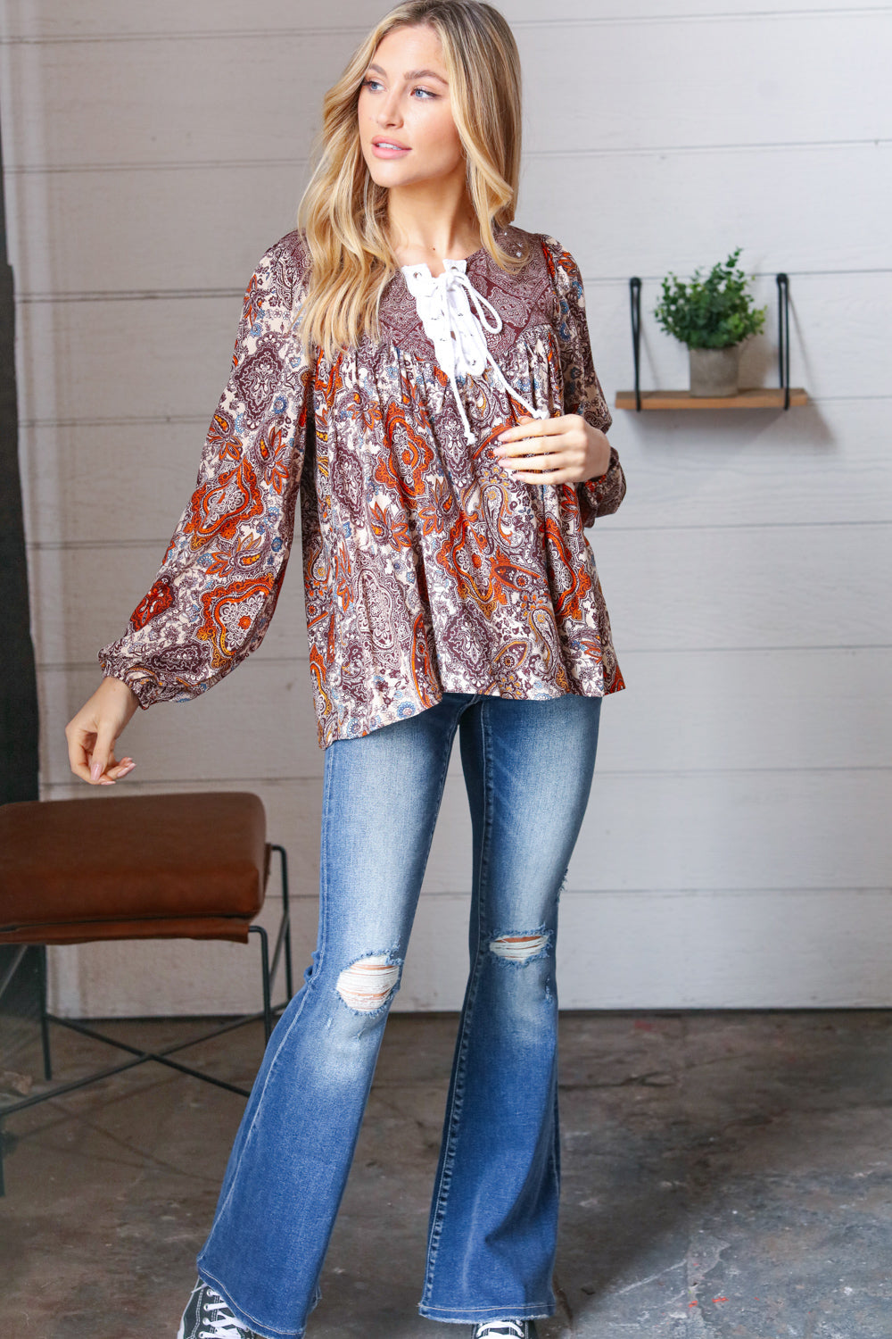 Boho Lace-Up Babydoll Blouse