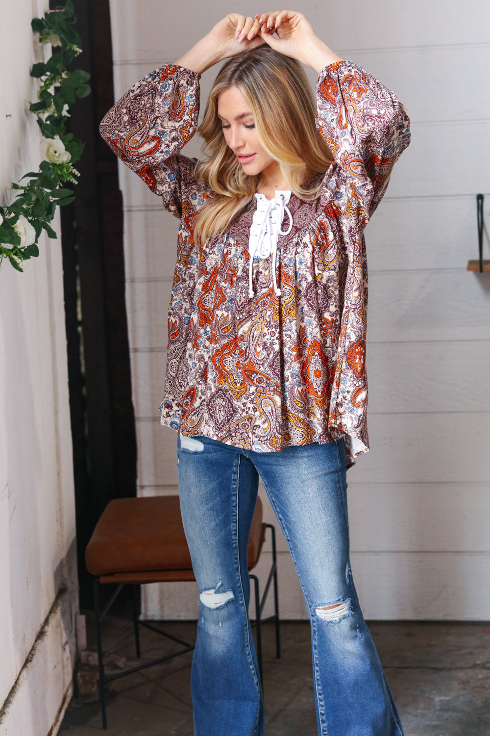 Boho Lace-Up Babydoll Blouse