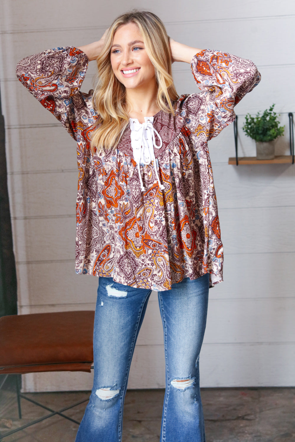Boho Lace-Up Babydoll Blouse