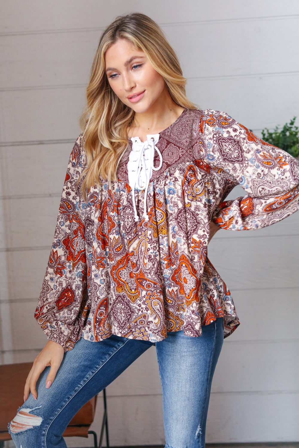 Boho Lace-Up Babydoll Blouse