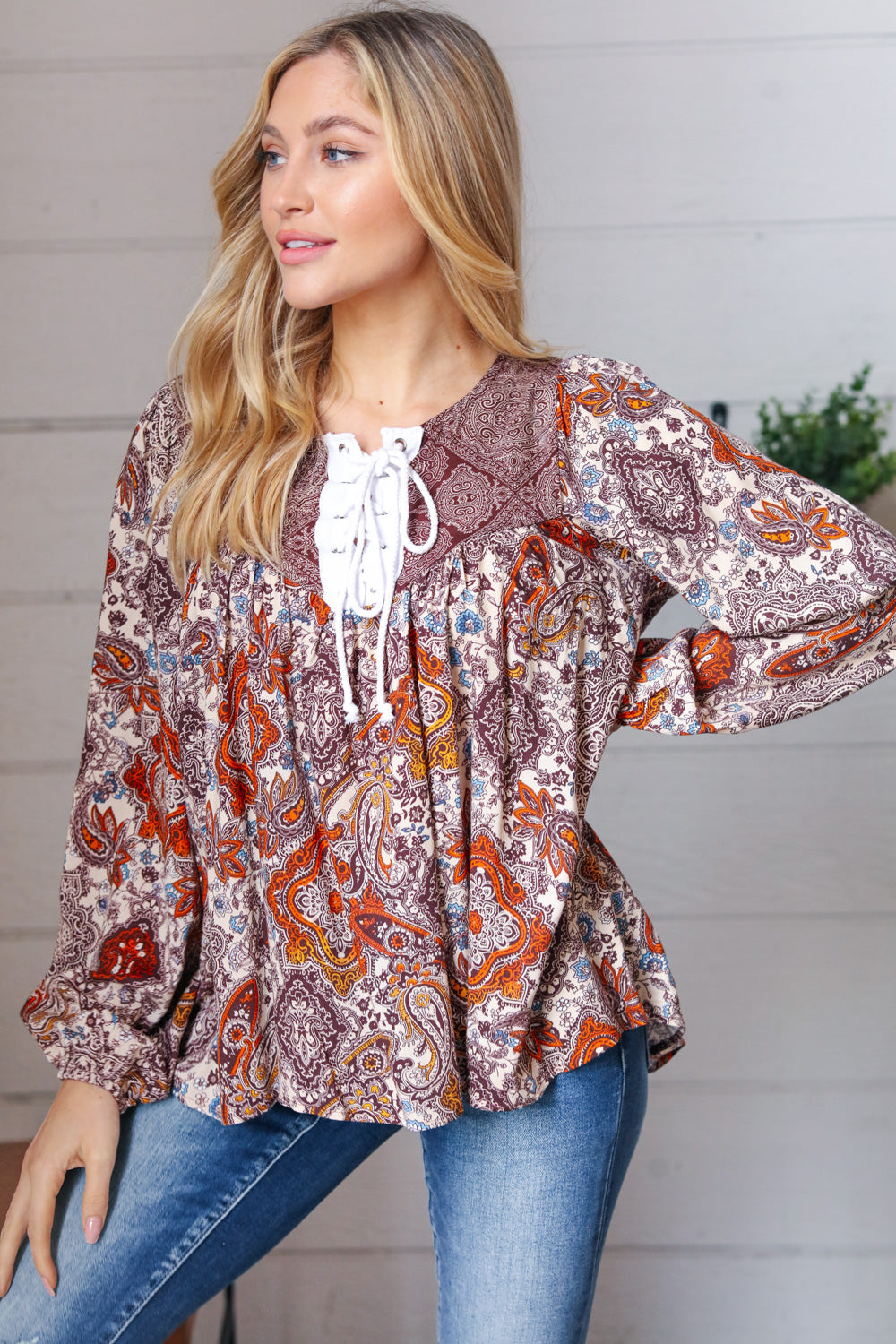 Boho Lace-Up Babydoll Blouse