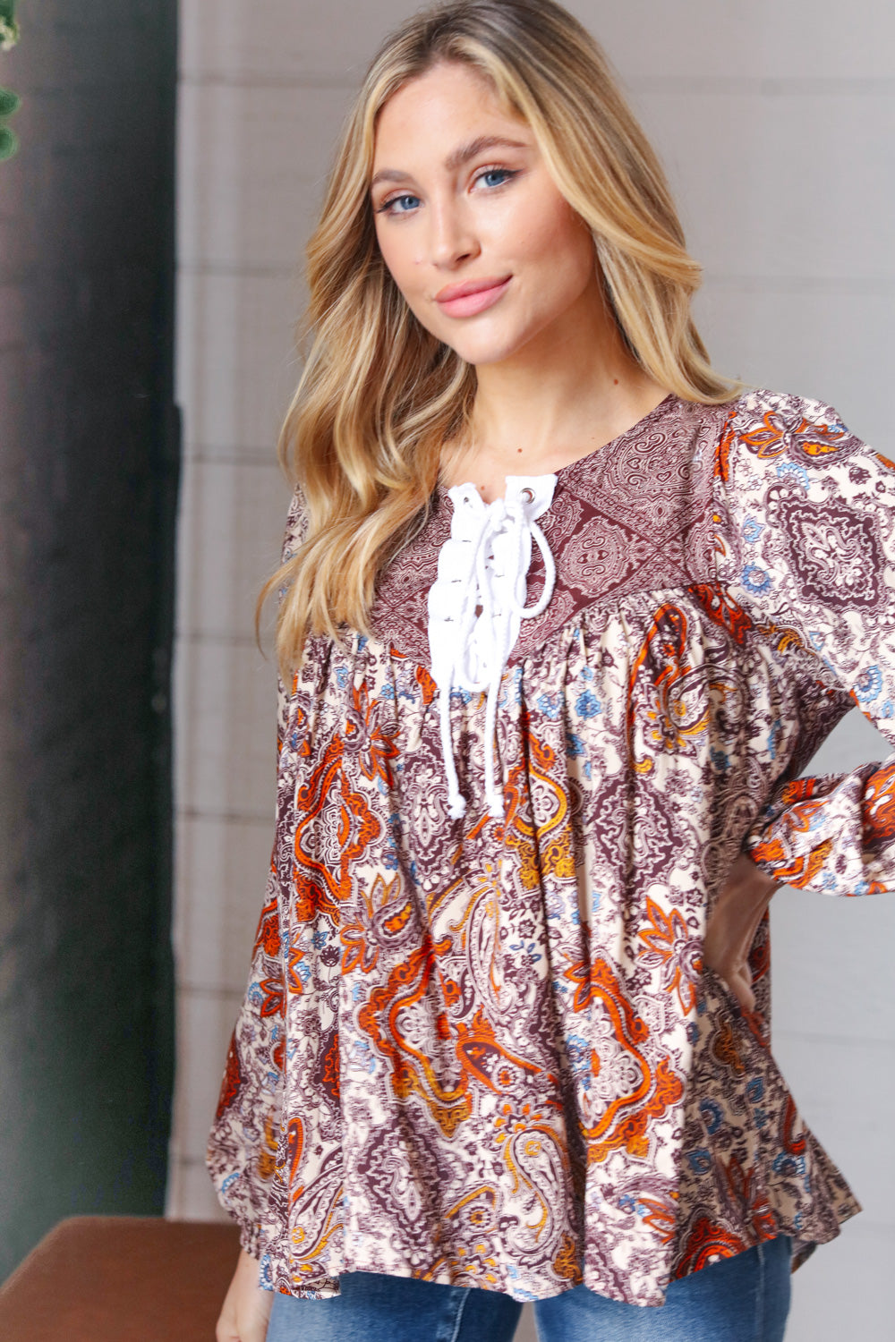 Boho Lace-Up Babydoll Blouse