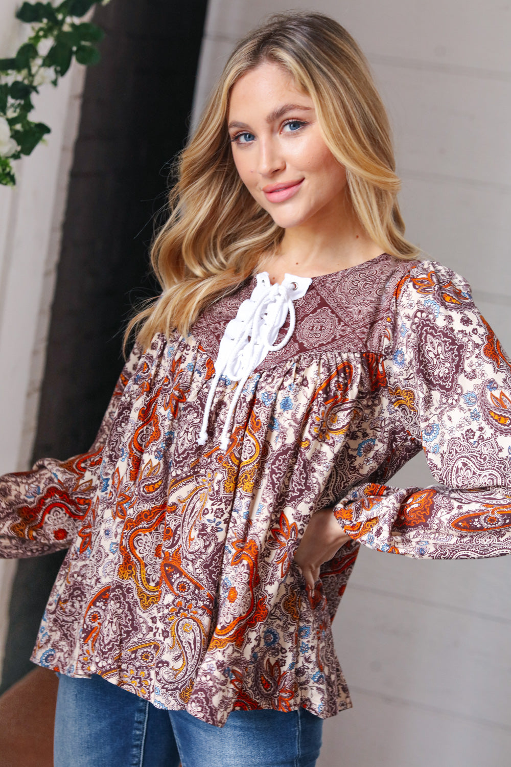 Boho Lace-Up Babydoll Blouse