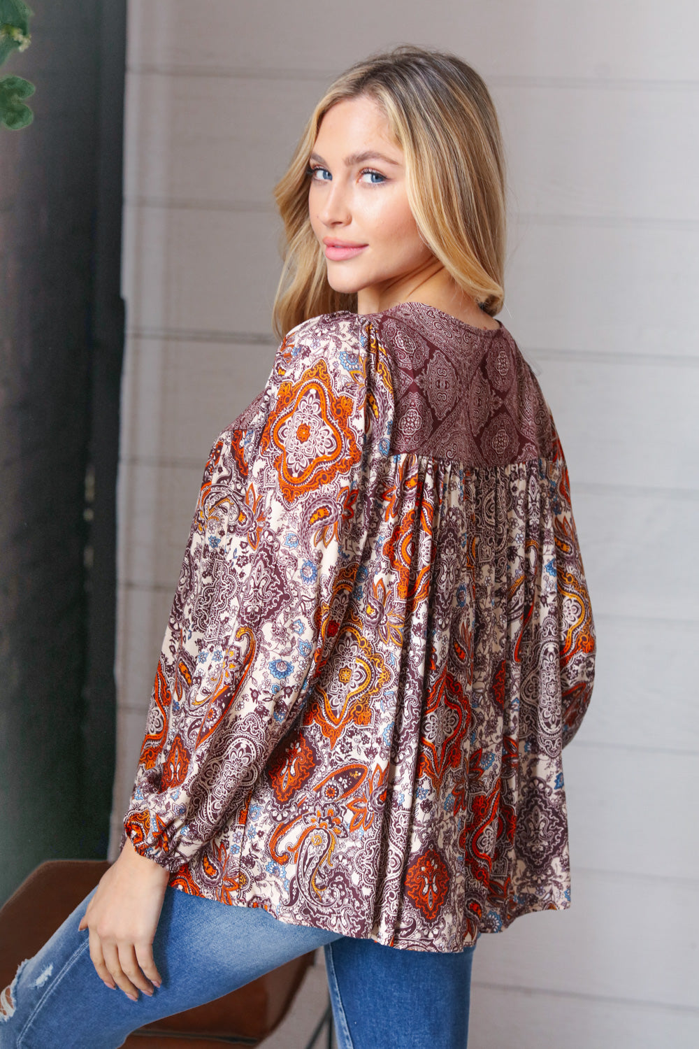 Boho Lace-Up Babydoll Blouse