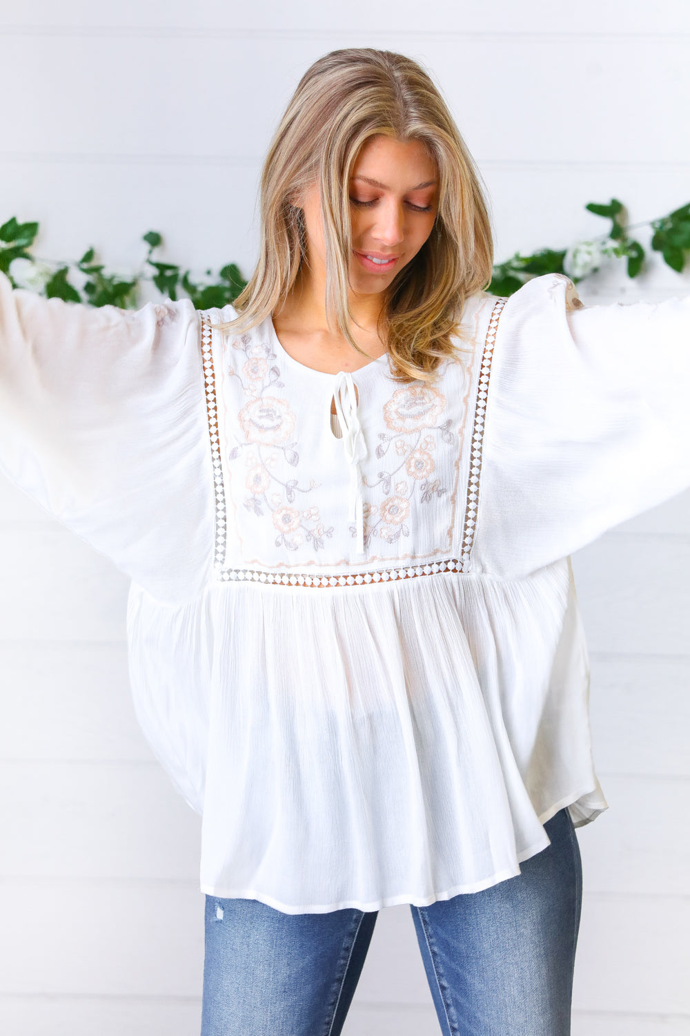 Dream Weaver Embroidered Crochet Peasant Blouse