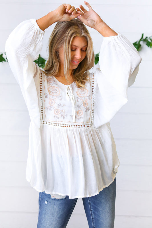 Dream Weaver Embroidered Crochet Peasant Blouse Small