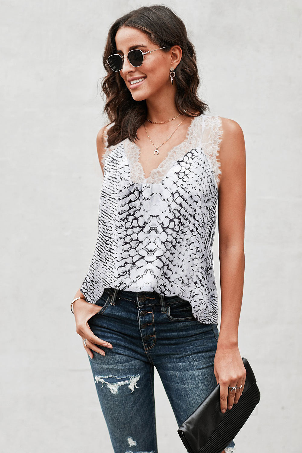 Contrast Animal Print Lace Tank White Snake S