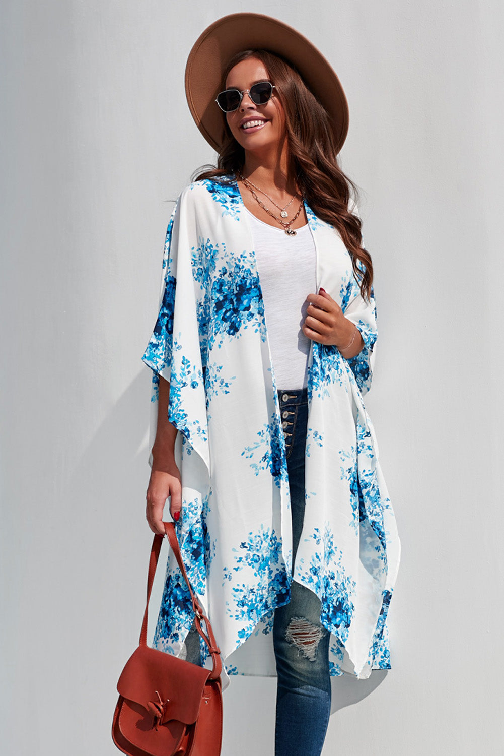 Here Comes the Bloom Floral Print Chiffon Kimono White Sky One Size