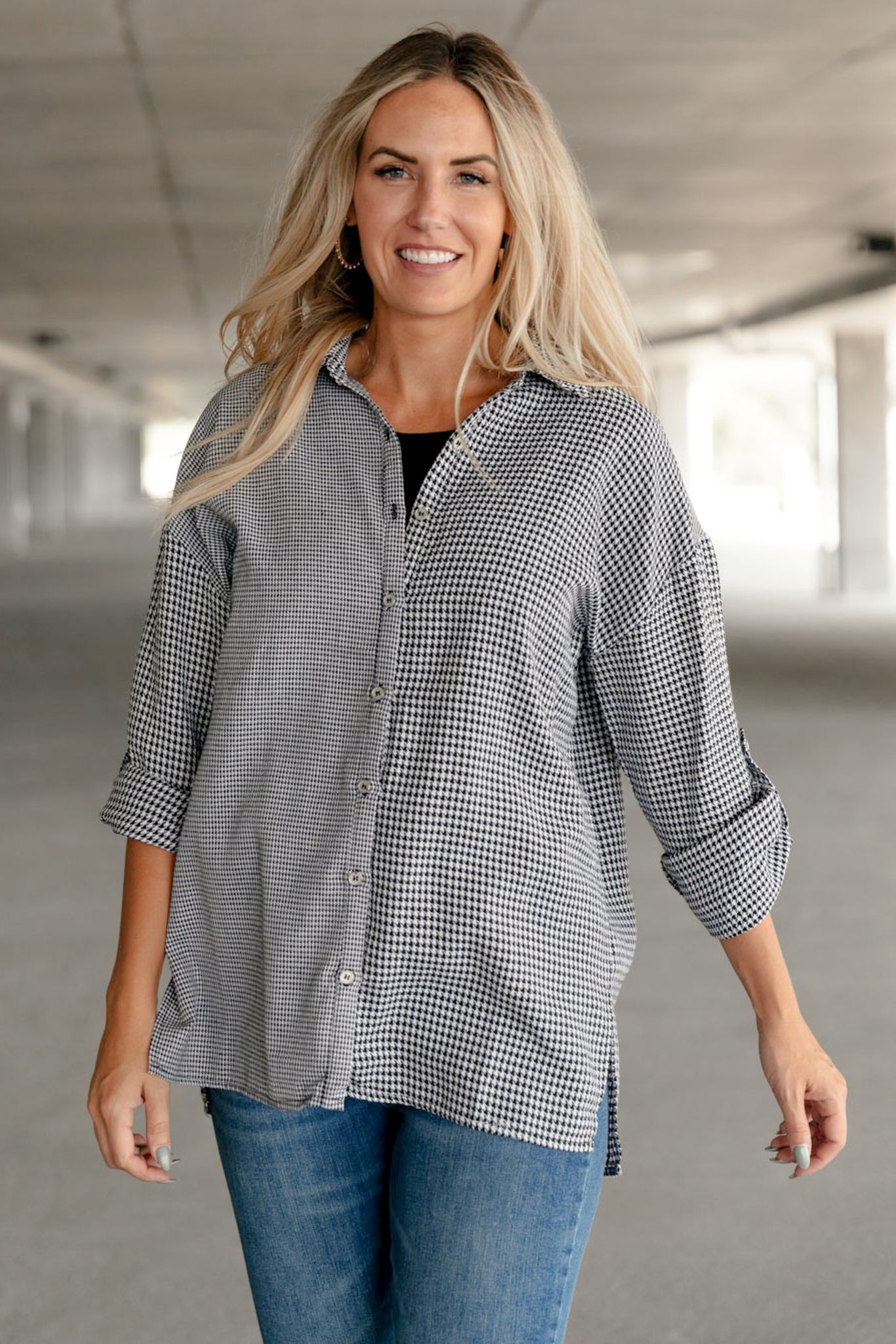 Mix it Up Houndstooth Button Up Top