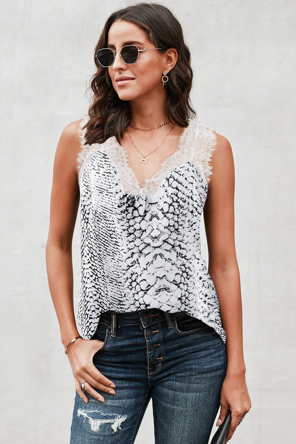 Contrast Animal Print Lace Tank