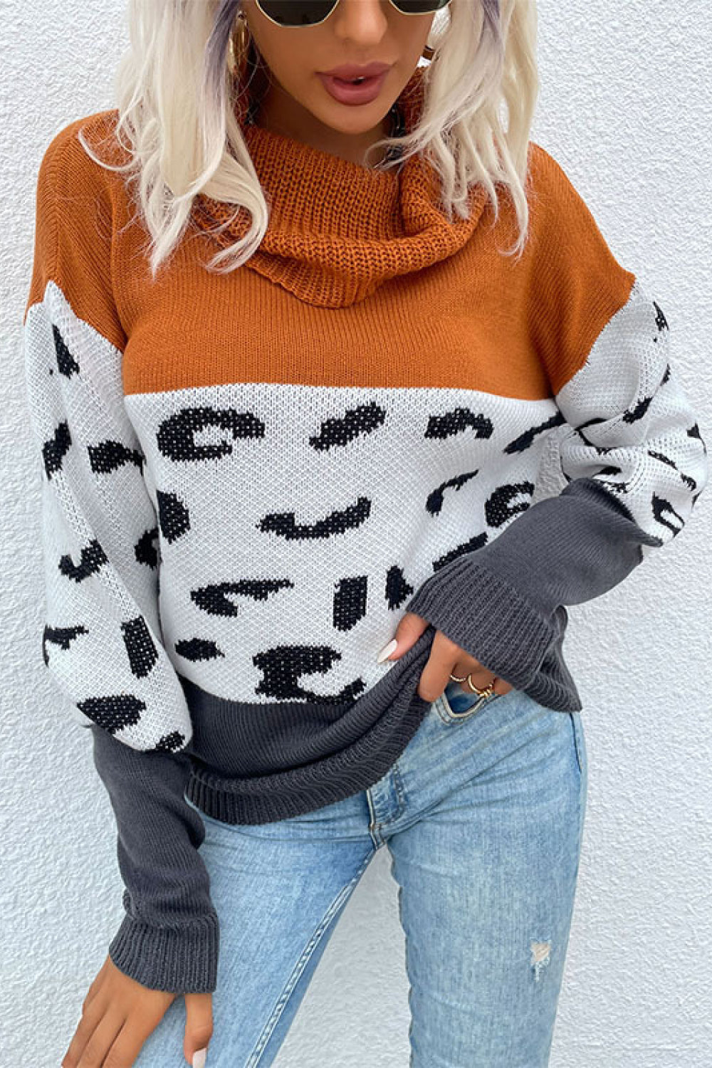 Save My Spot Leopard Color Block Turtleneck Sweater