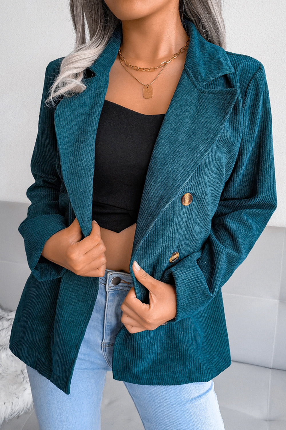 Corduroy Double-Breasted Blazer Teal S 
