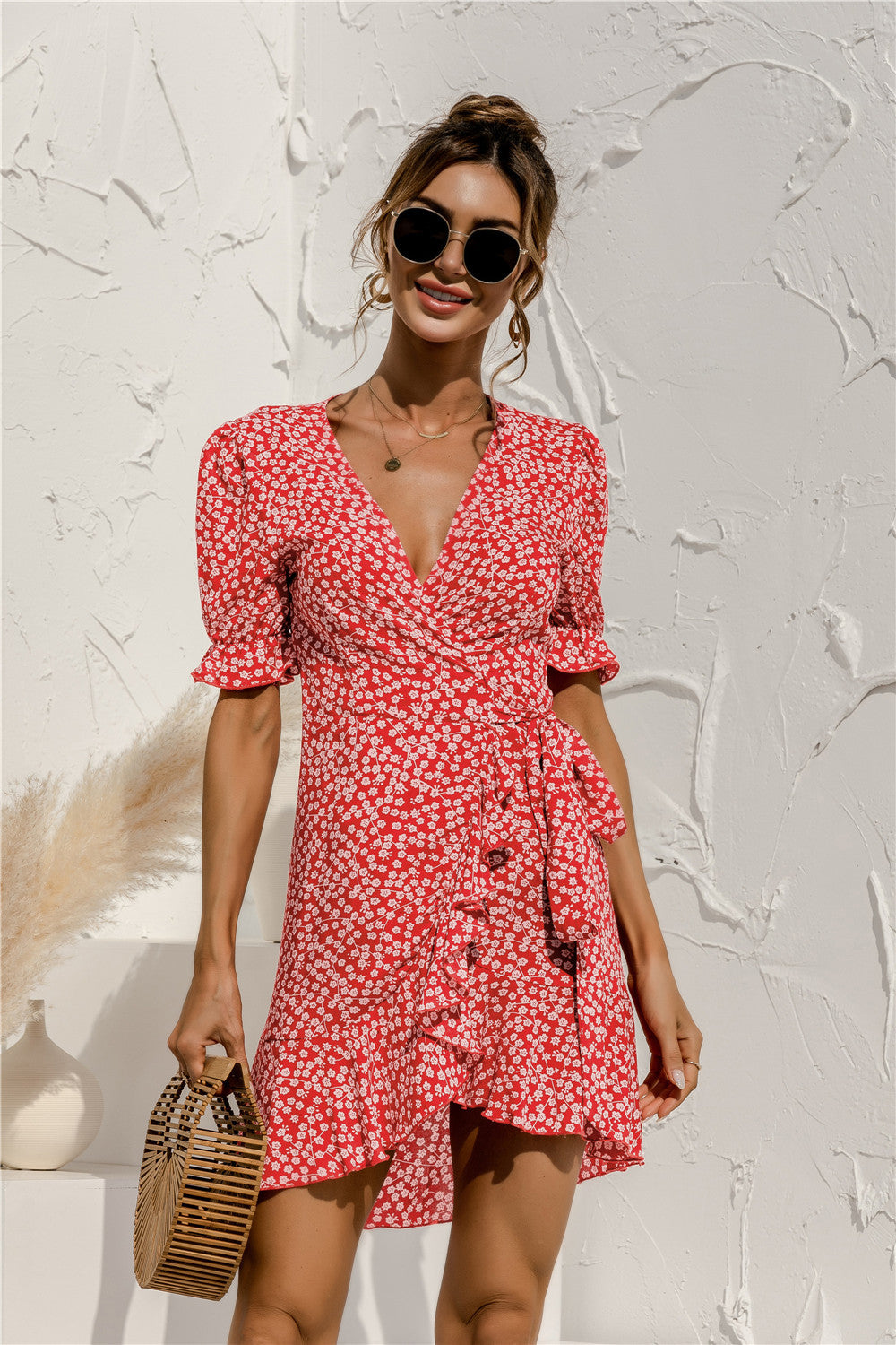 Floral V-Neck Ruffle Hem Dress Red S