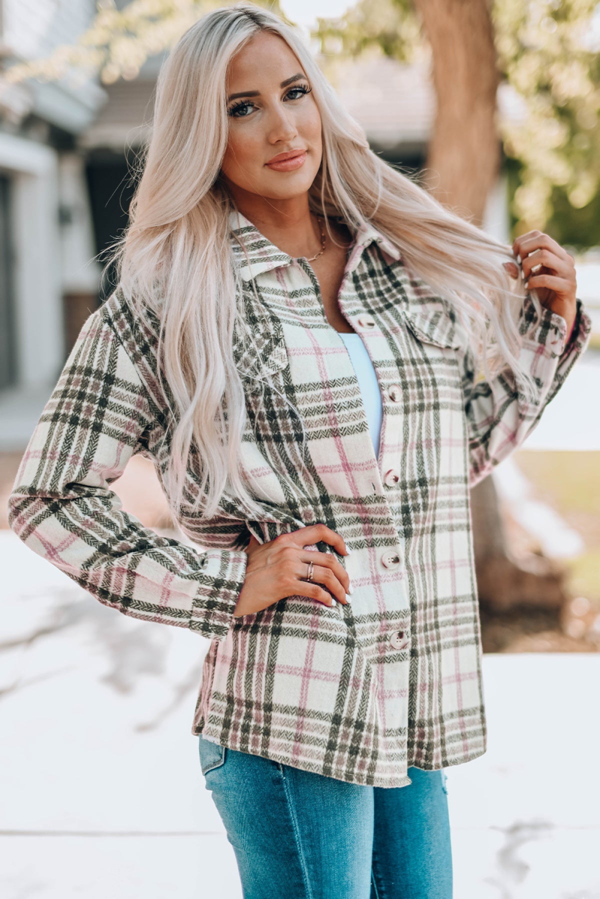 Autumn Sunsets Flannel Buttoned Plaid Shacket Multicolor Plaid S