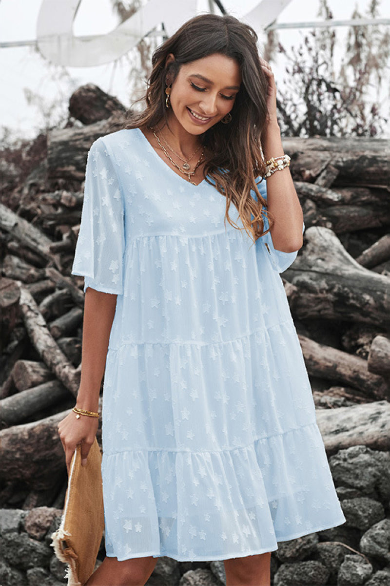 Everywhere You Go Star Flutter Sleeve Tiered Dress Light Blue S