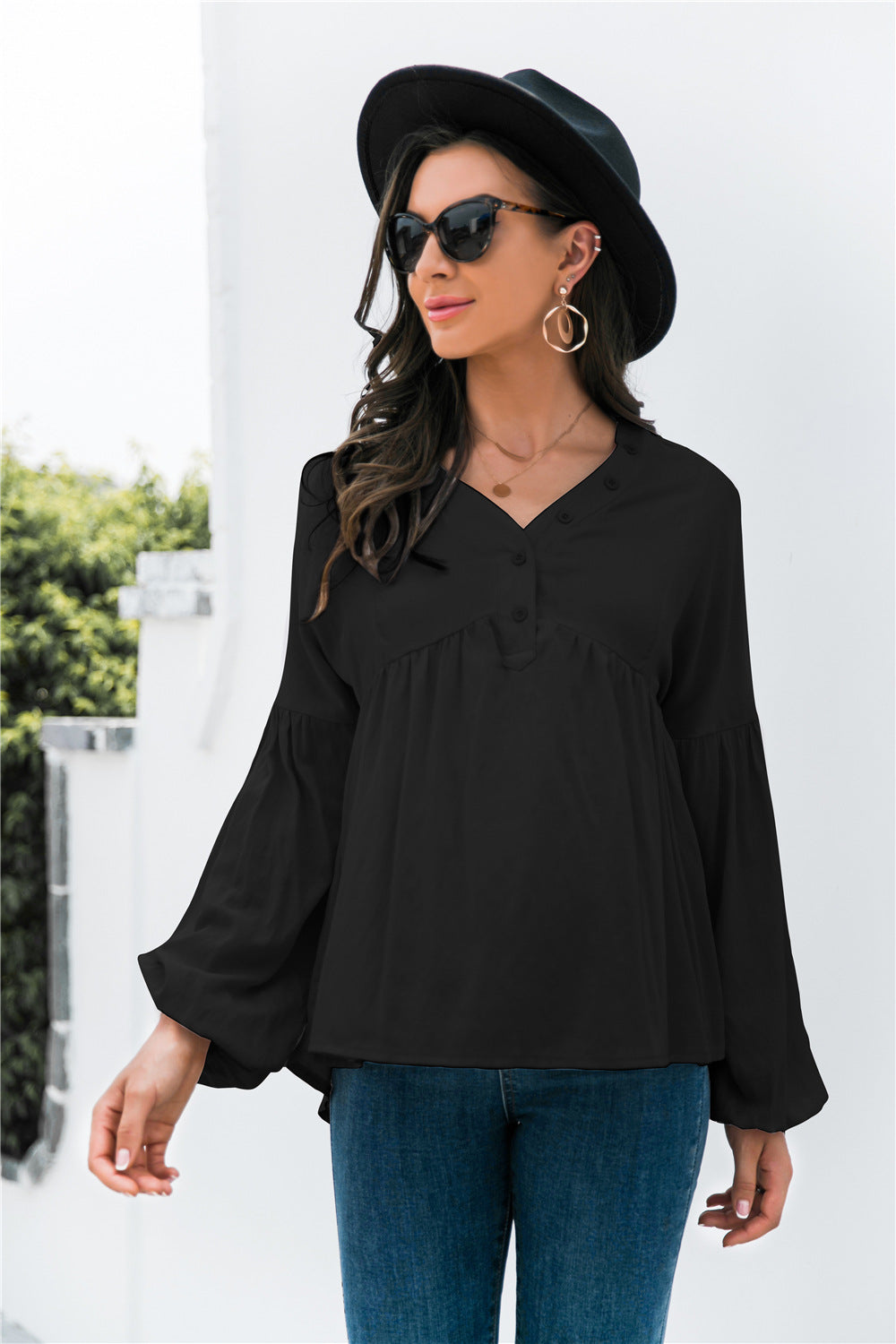 Lantern Sleeve Peplum Top Black S