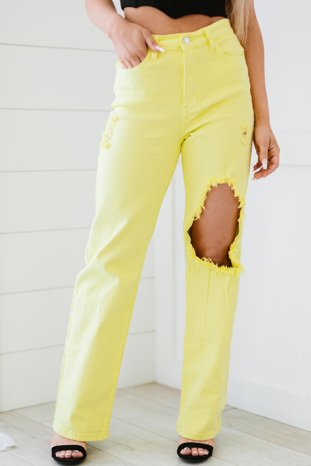 In The Limelight Neon Yellow Destroyed Wide Leg Jeans Lime 3