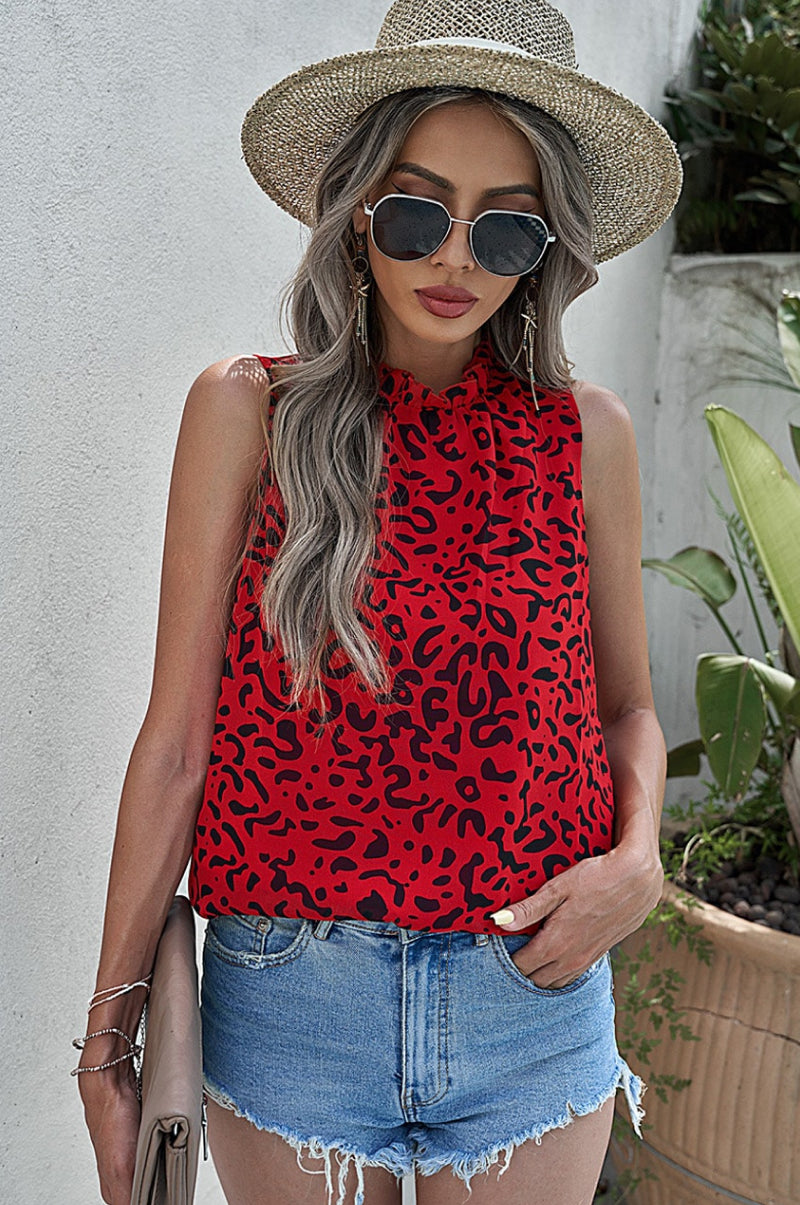 Who's That Girl Ruffled Leopard Blouse Red S