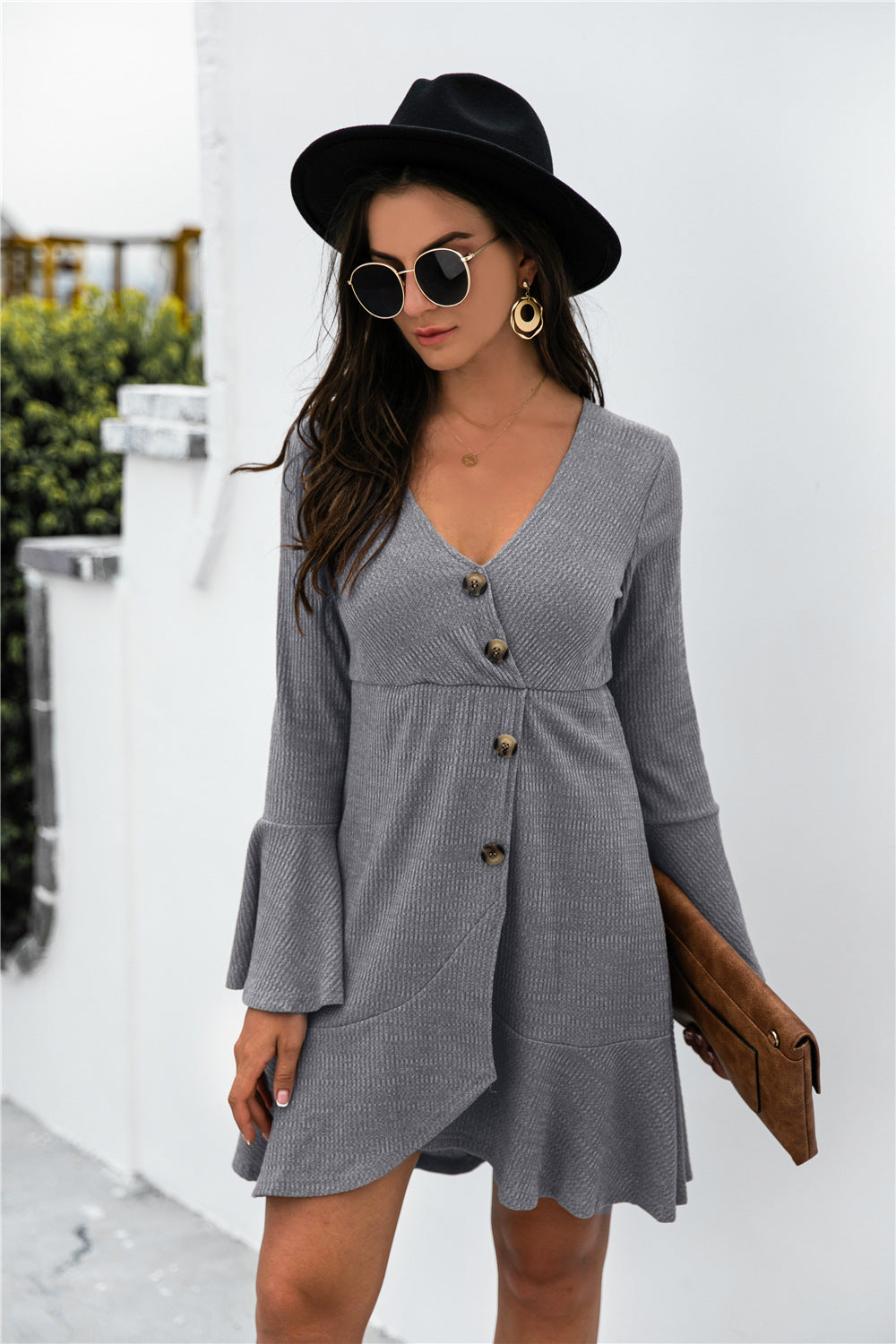 The Right Impression Asymmetrical Ruffle Hem Button Dress