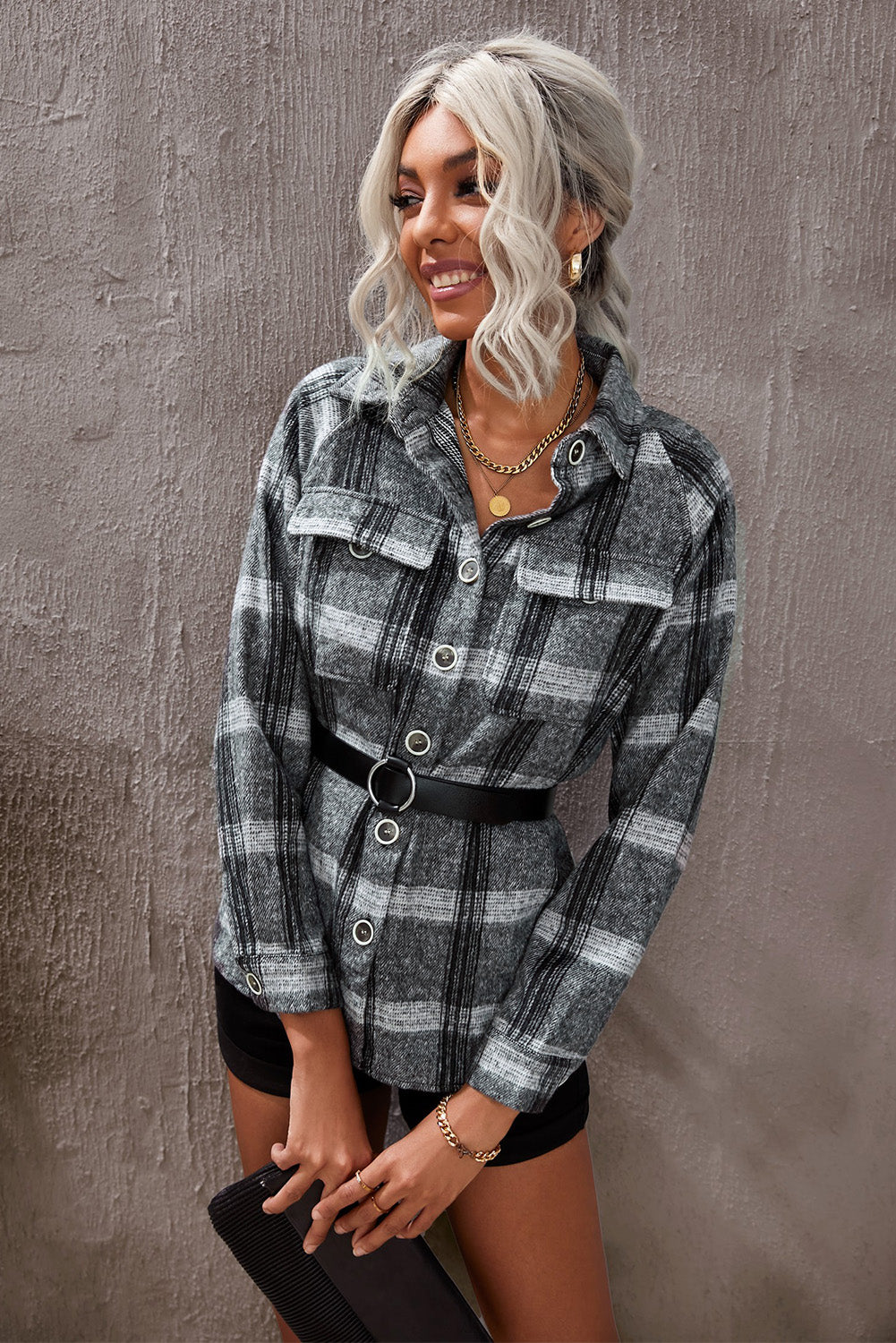 Plaid Print Buttoned Turn Down Collar Shacket Gray S
