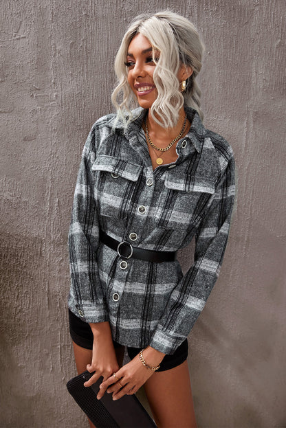 Plaid Print Buttoned Turn Down Collar Shacket Gray S 