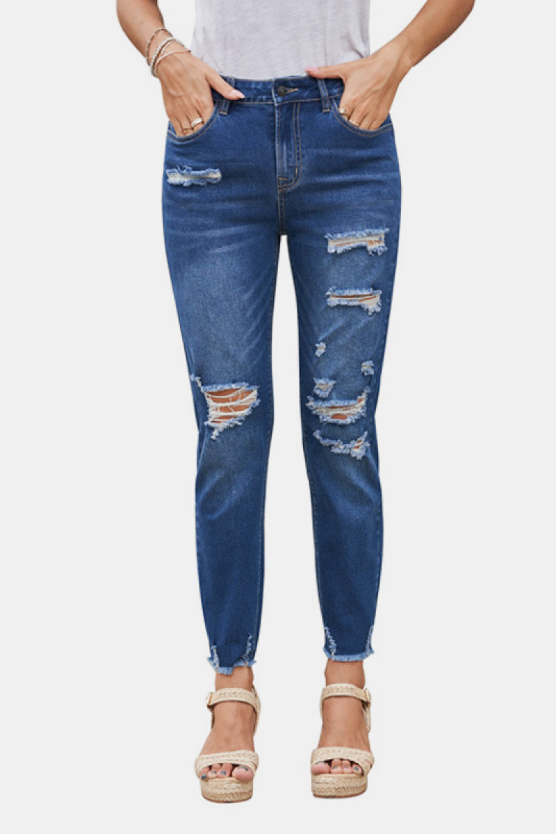 High Rise Distressed Ankle Jeans Medium Wash S