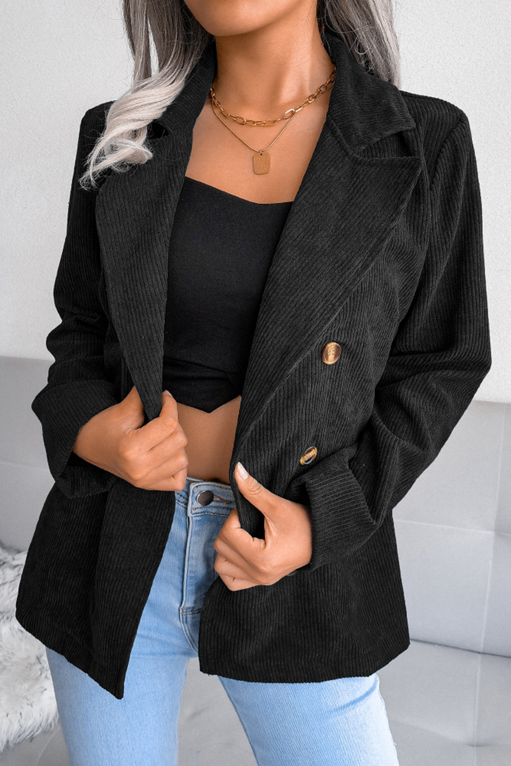 Corduroy Double-Breasted Blazer Black S
