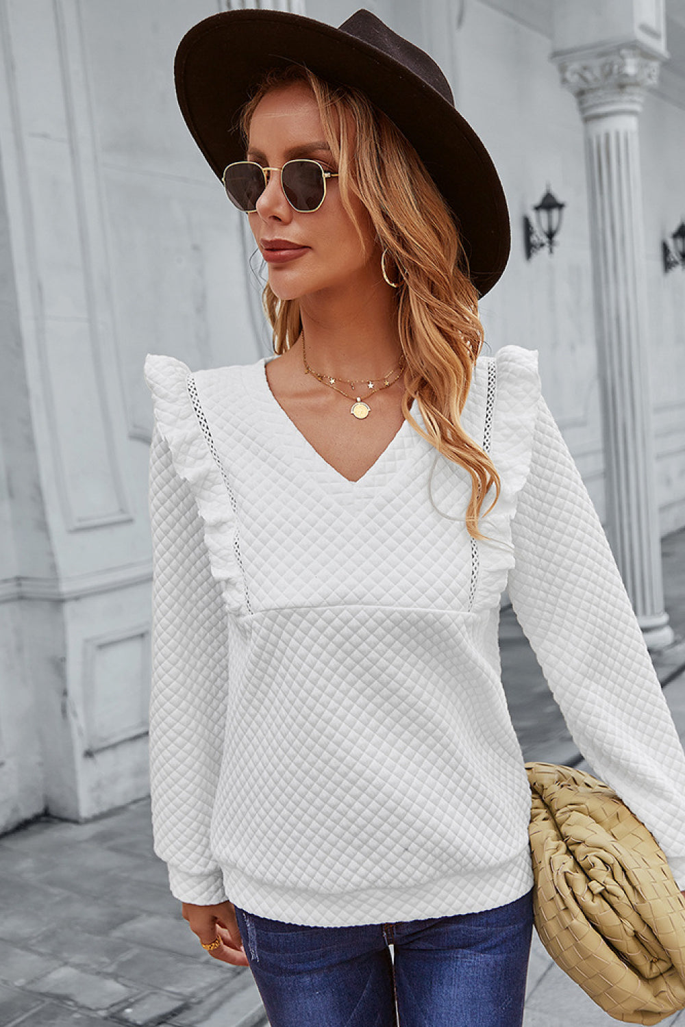 Ruffle Shoulder Quilted Top White S