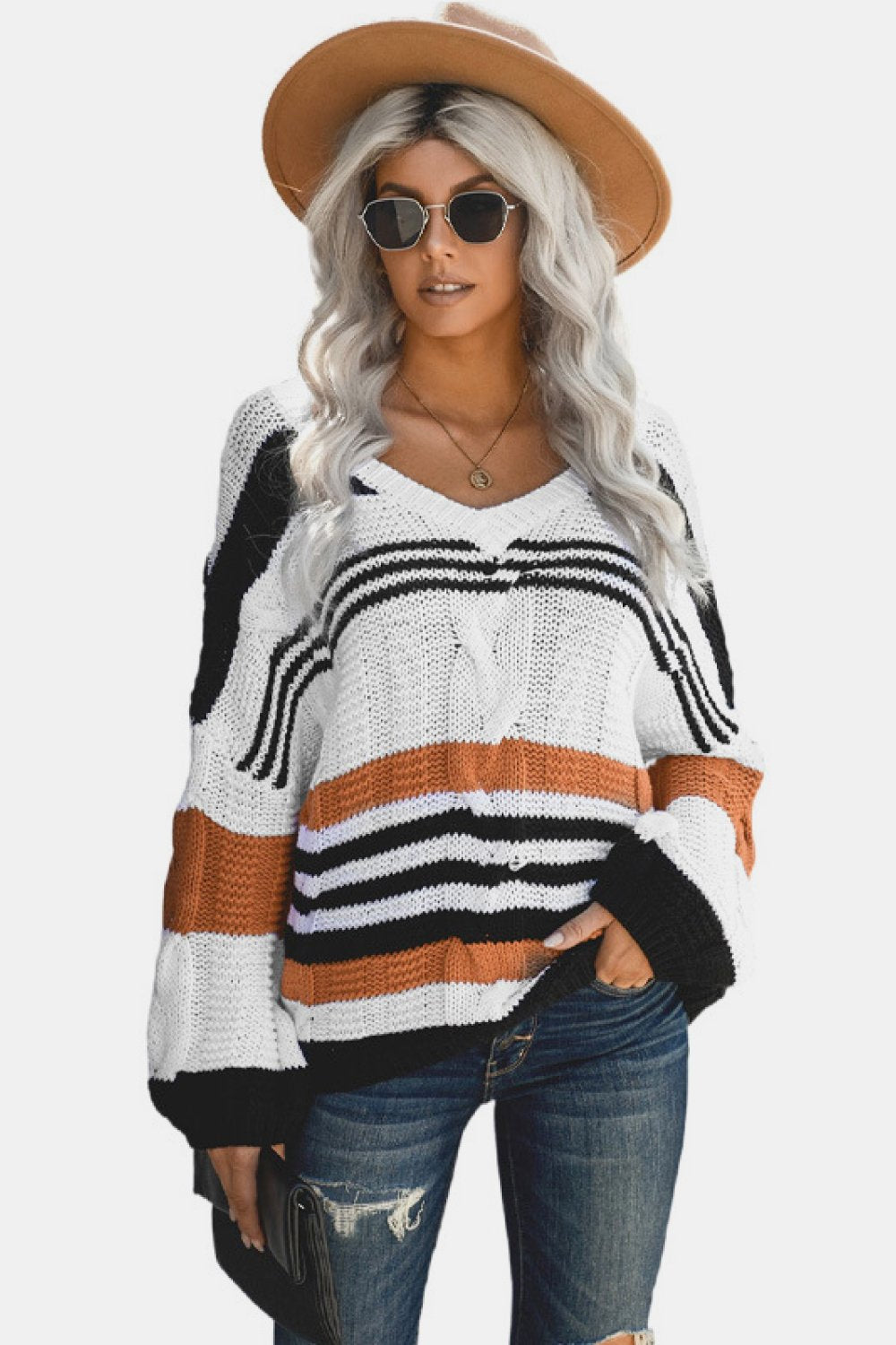 Striped Chunky Cable Knit V-Neck Sweater Mocha Stripe S