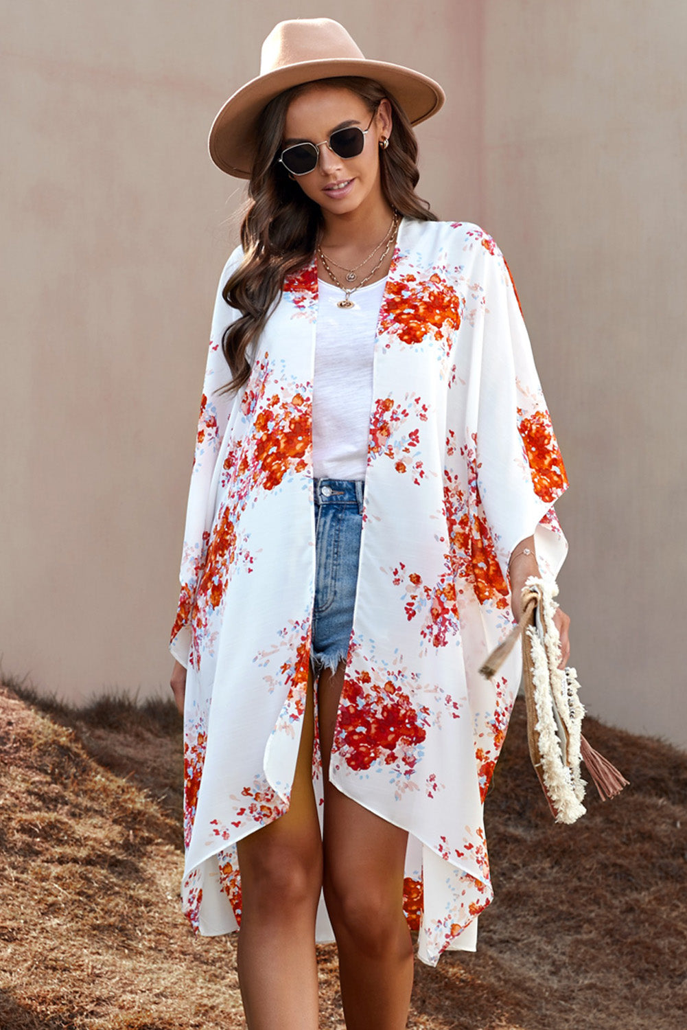 Here Comes the Bloom Floral Print Chiffon Kimono Orange Blossom One Size