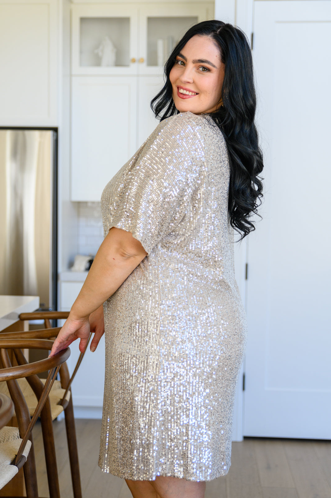 City and Sparkle Short Sleeve Sequin Shift Dress In Champagne