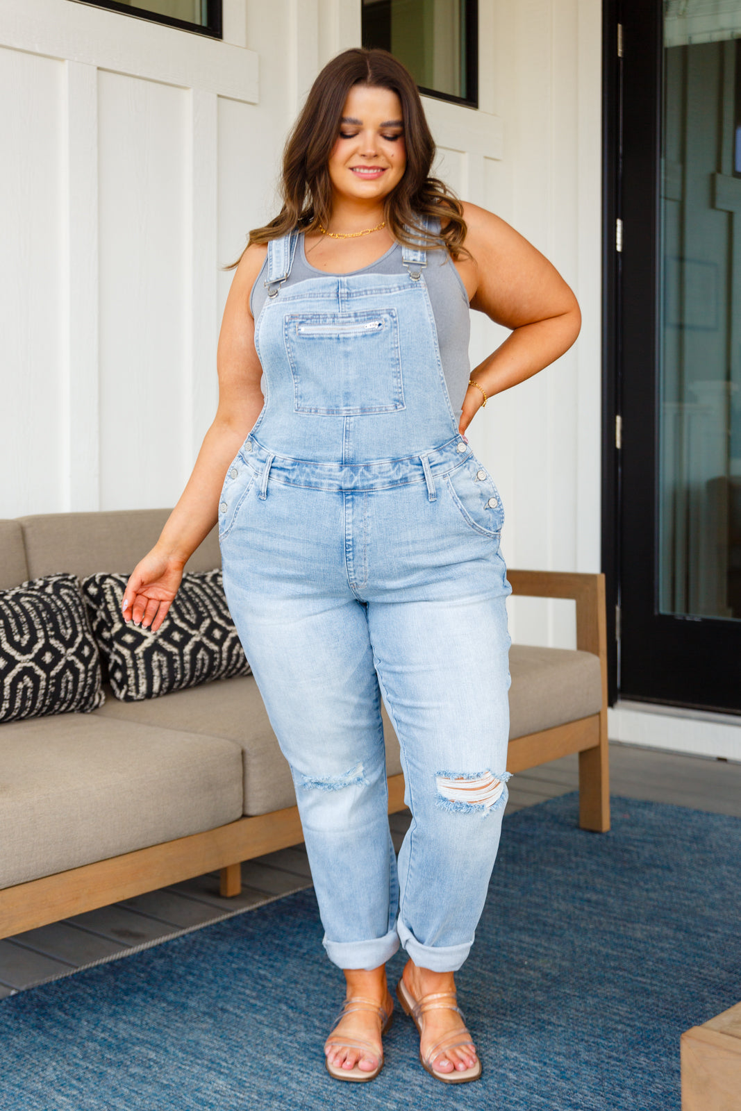 Judy Blue Keeping it Fresh Distressed Straight Leg Overalls Light Wash 1XL