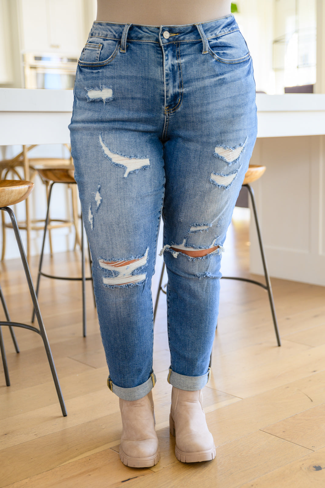 Judy Blue Flaunt It High Waisted Destroyed Boyfriend Jeans Medium Wash 14W