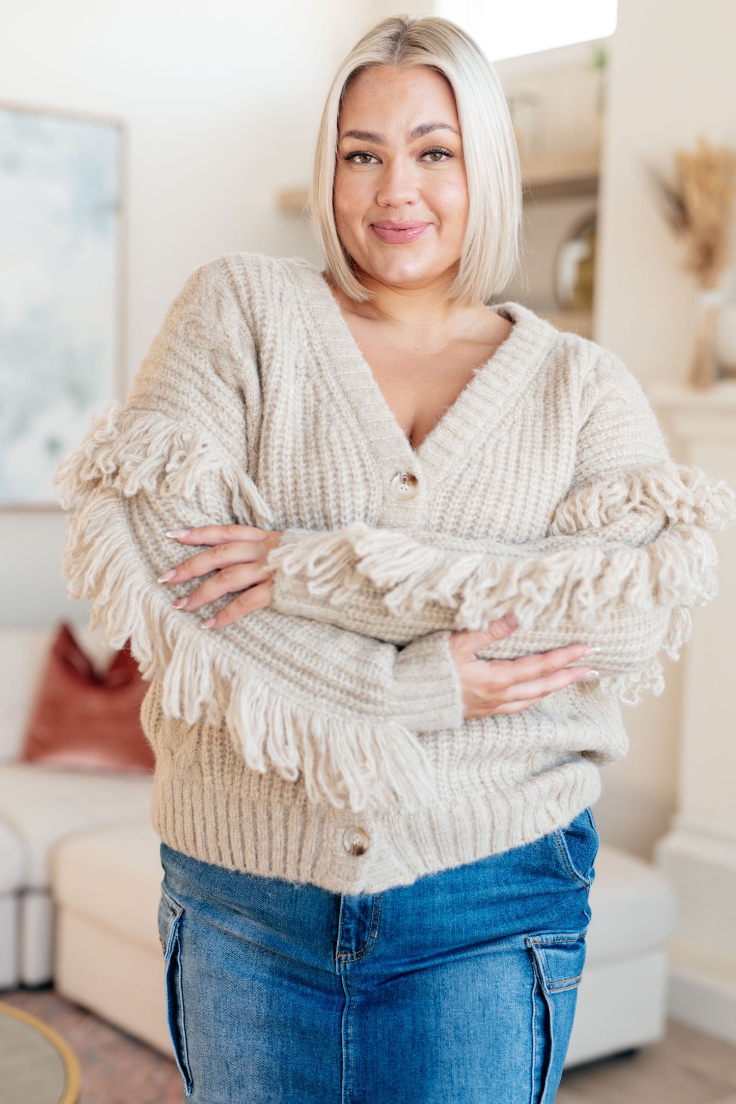 Fringe Frenzy V Neck Cardigan Beige 1XL