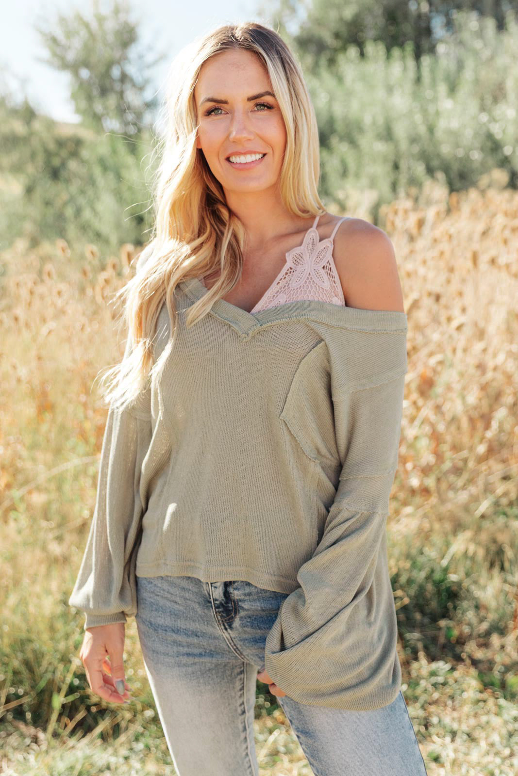 Bellissimo Draped V-Neck Sweater in Olive Small Olive