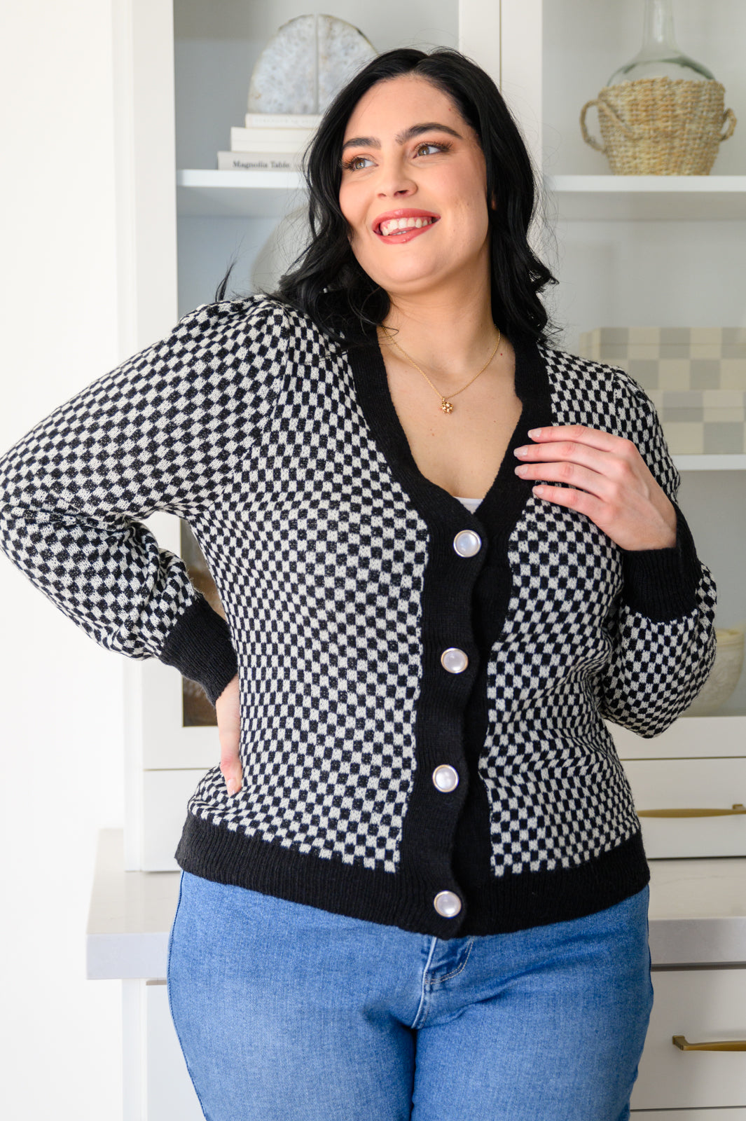 Big City Tempo Checkered Cardigan Black/White Checker 1XL
