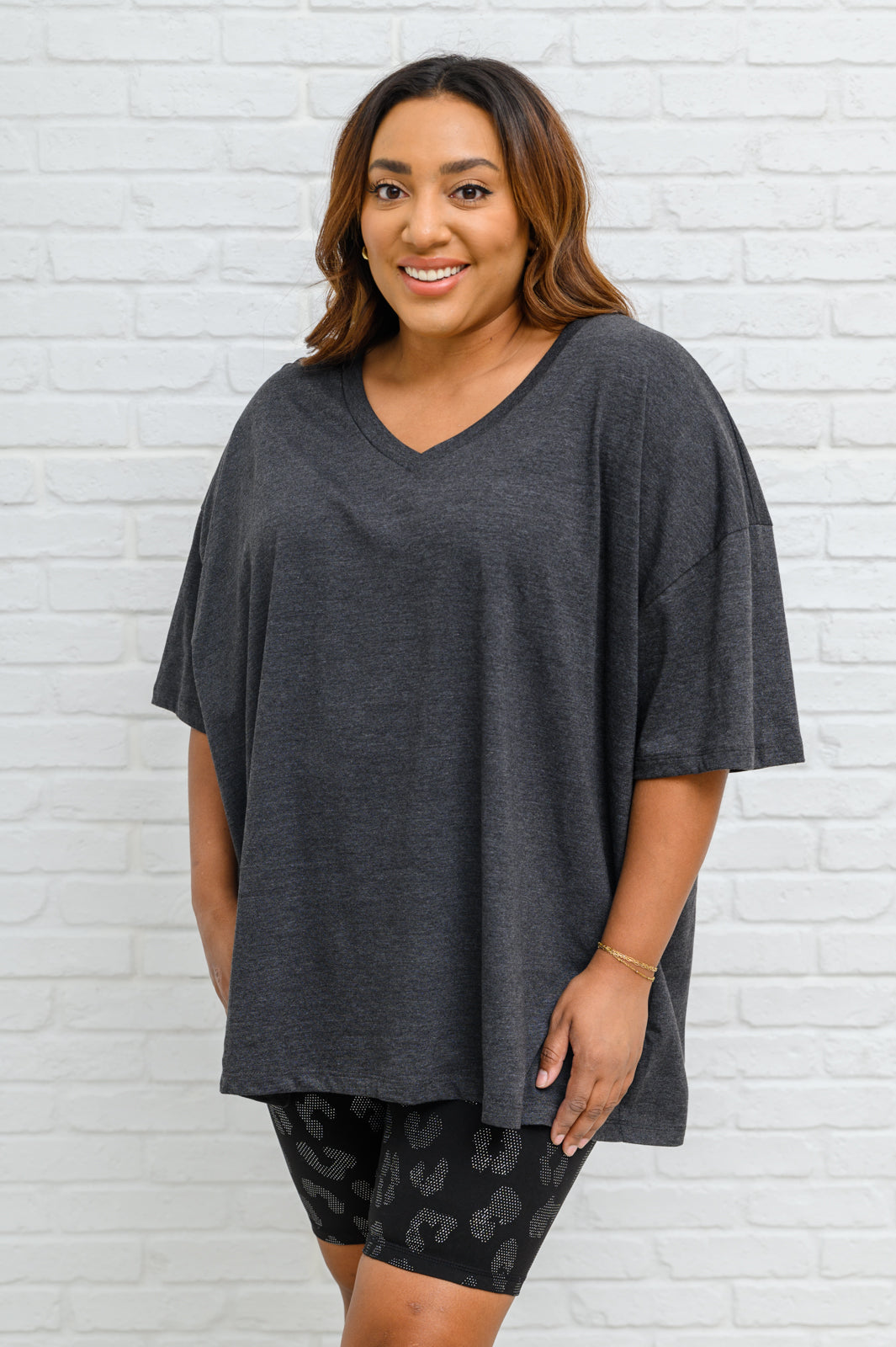 Boxy V Neck Boyfriend Tee In Charcoal Charcoal 1XL