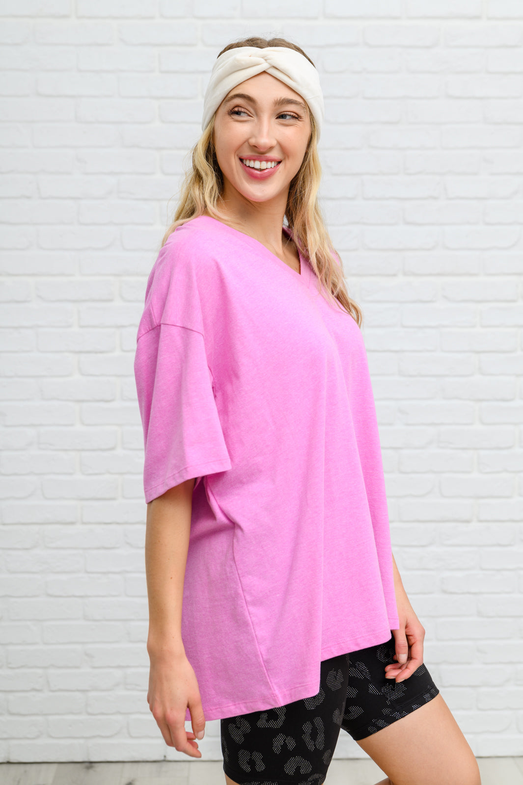 Boxy V Neck Boyfriend Tee In Pink Pink XS