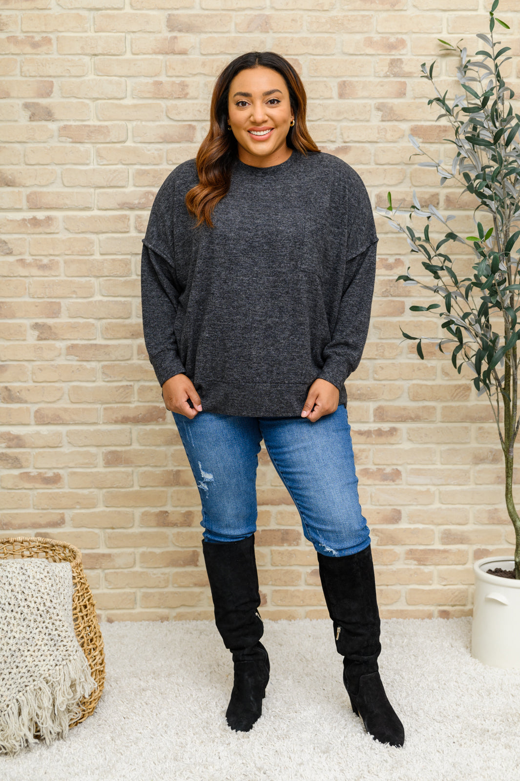 Hanging Around Brushed Drop Shoulder Sweater In Black