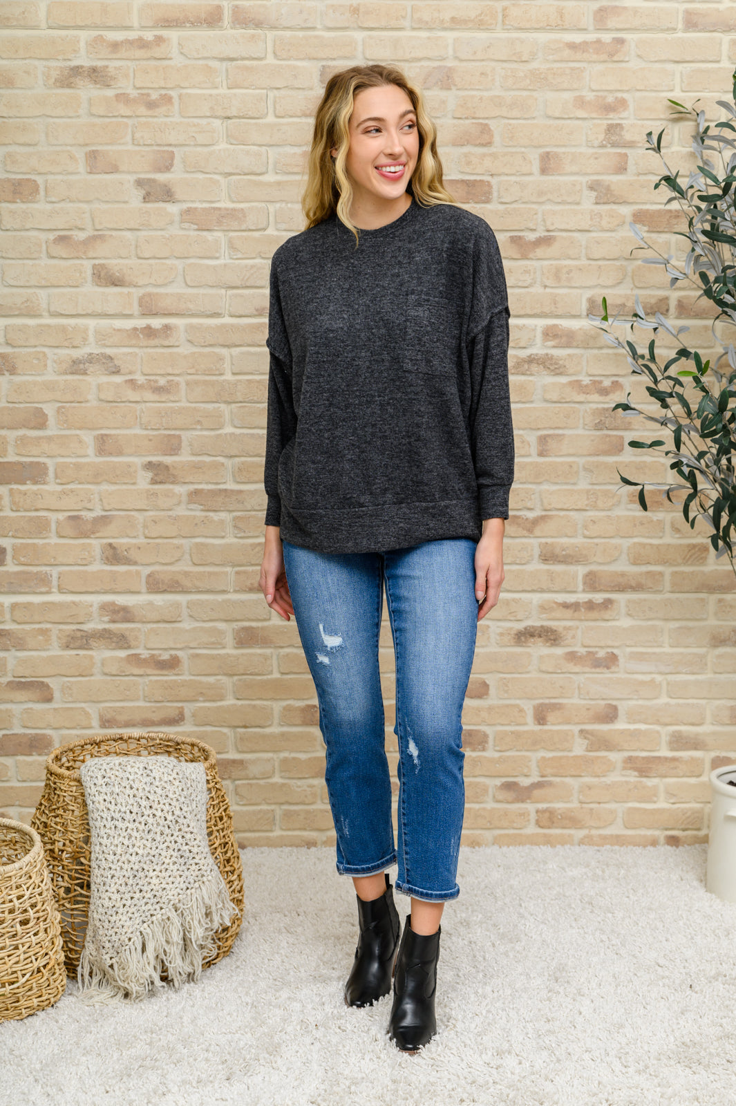 Hanging Around Brushed Drop Shoulder Sweater In Black
