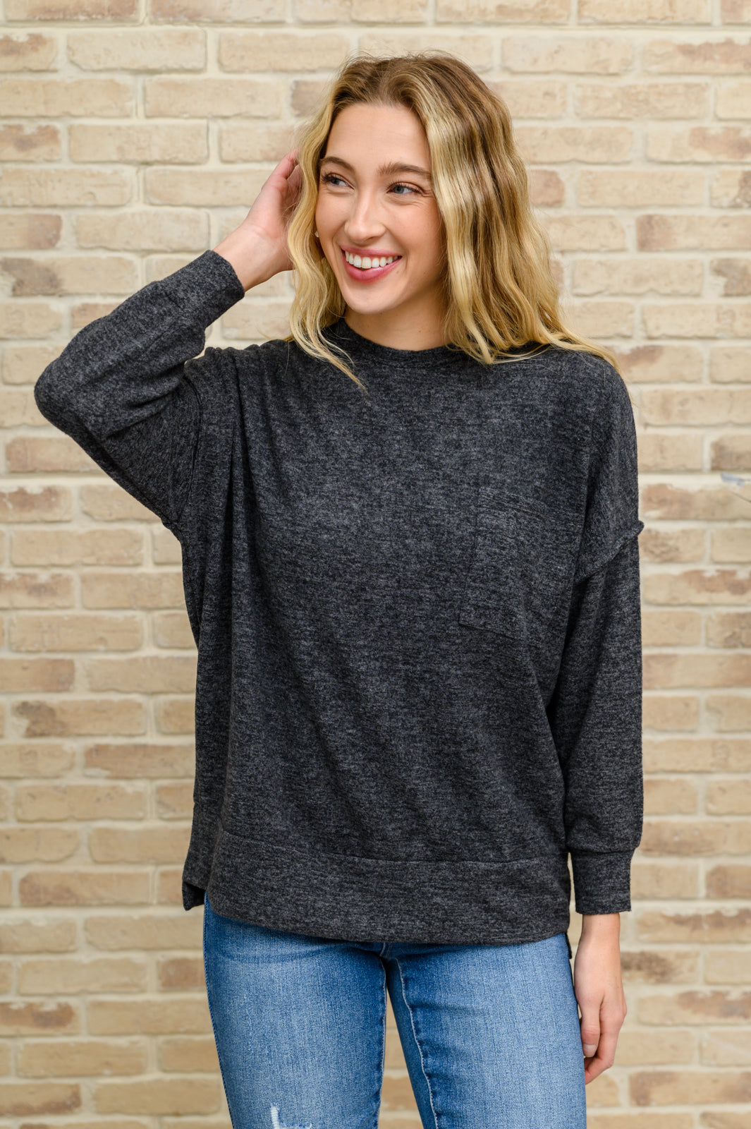 Hanging Around Brushed Drop Shoulder Sweater In Black Black XS