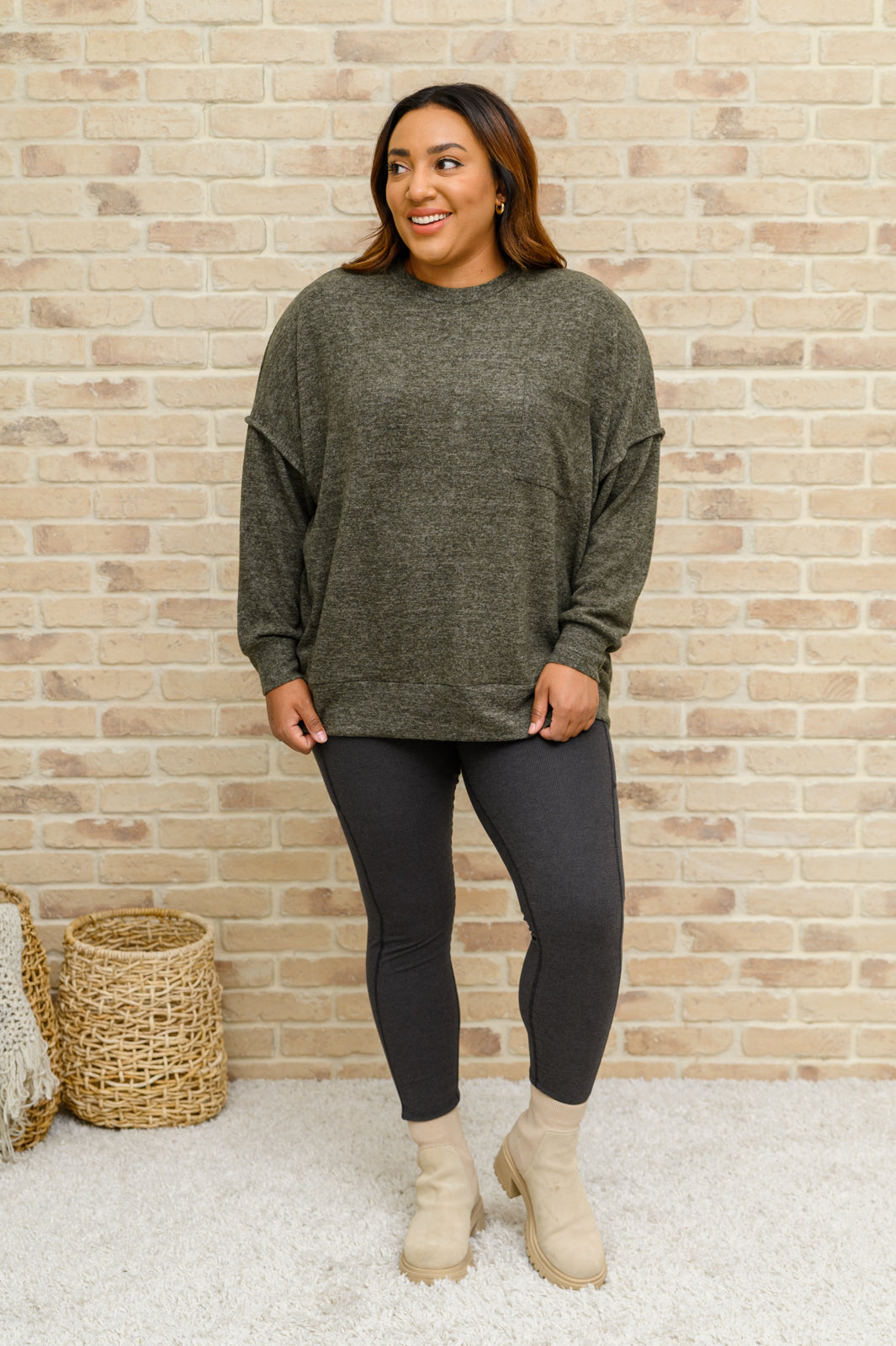 Hanging Around Brushed Drop Shoulder Sweater In Olive